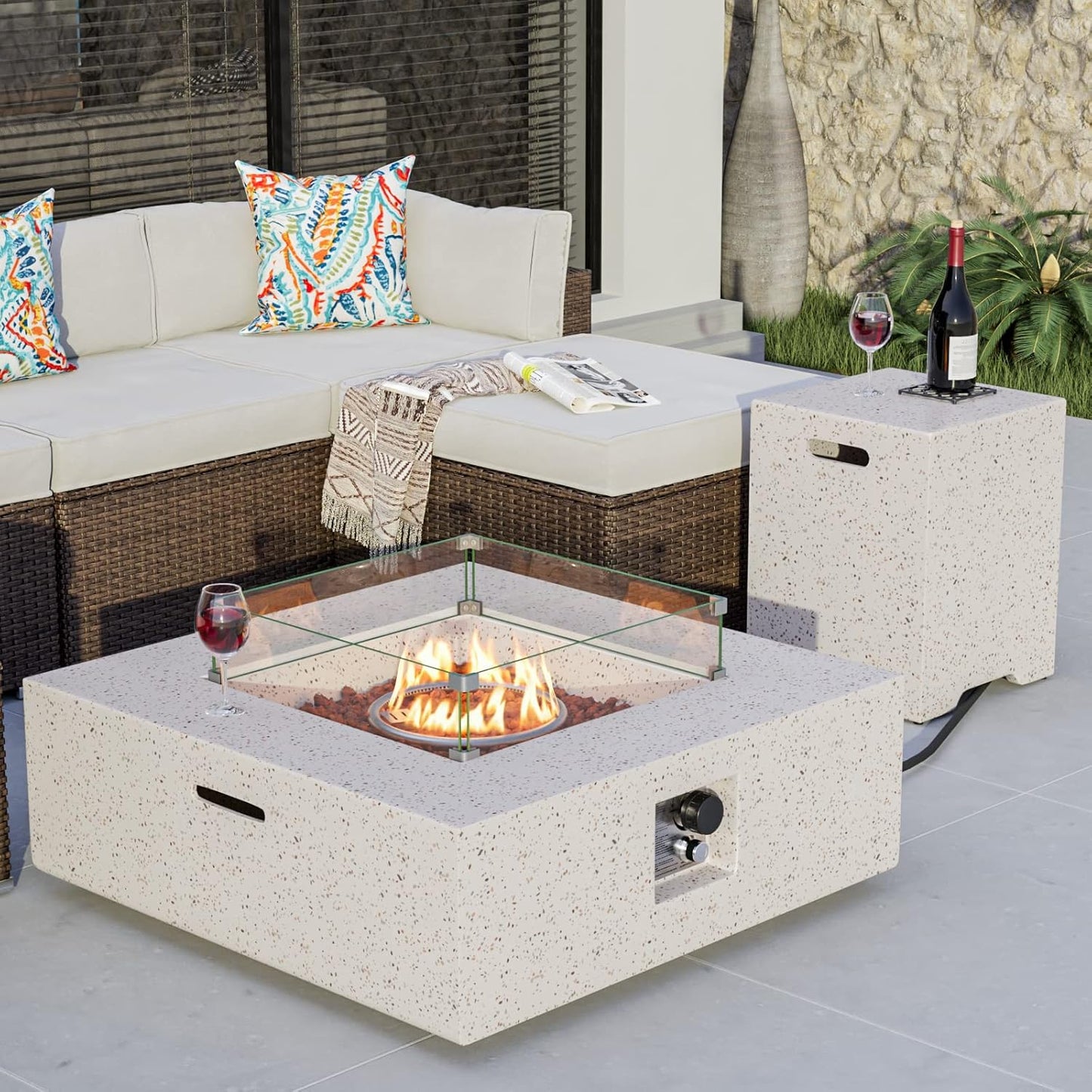 COSIEST 35-inch Square Outdoor Sandstone Propane Fire Pit w Wind Guard and Side Table, CSA Certified, 50,000 BTU Stainless Steel Burner, Free Lava Rocks and Rain Cover, Metal Lid(Beige)