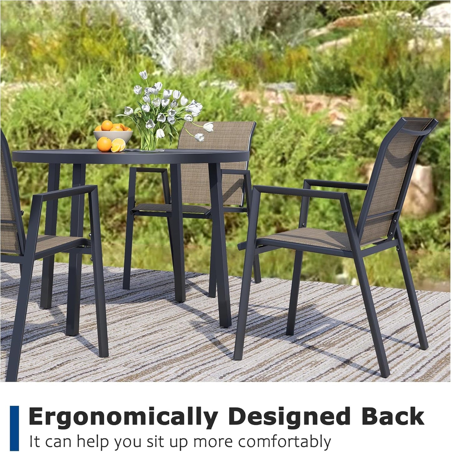 Outdoor Patio Chairs Set of 4, Mocha Stackable Outdoor Chairs, Lightweight Patio Set with High Back, Metal Dining Chair for Lawn, Garden, Yard and Deck