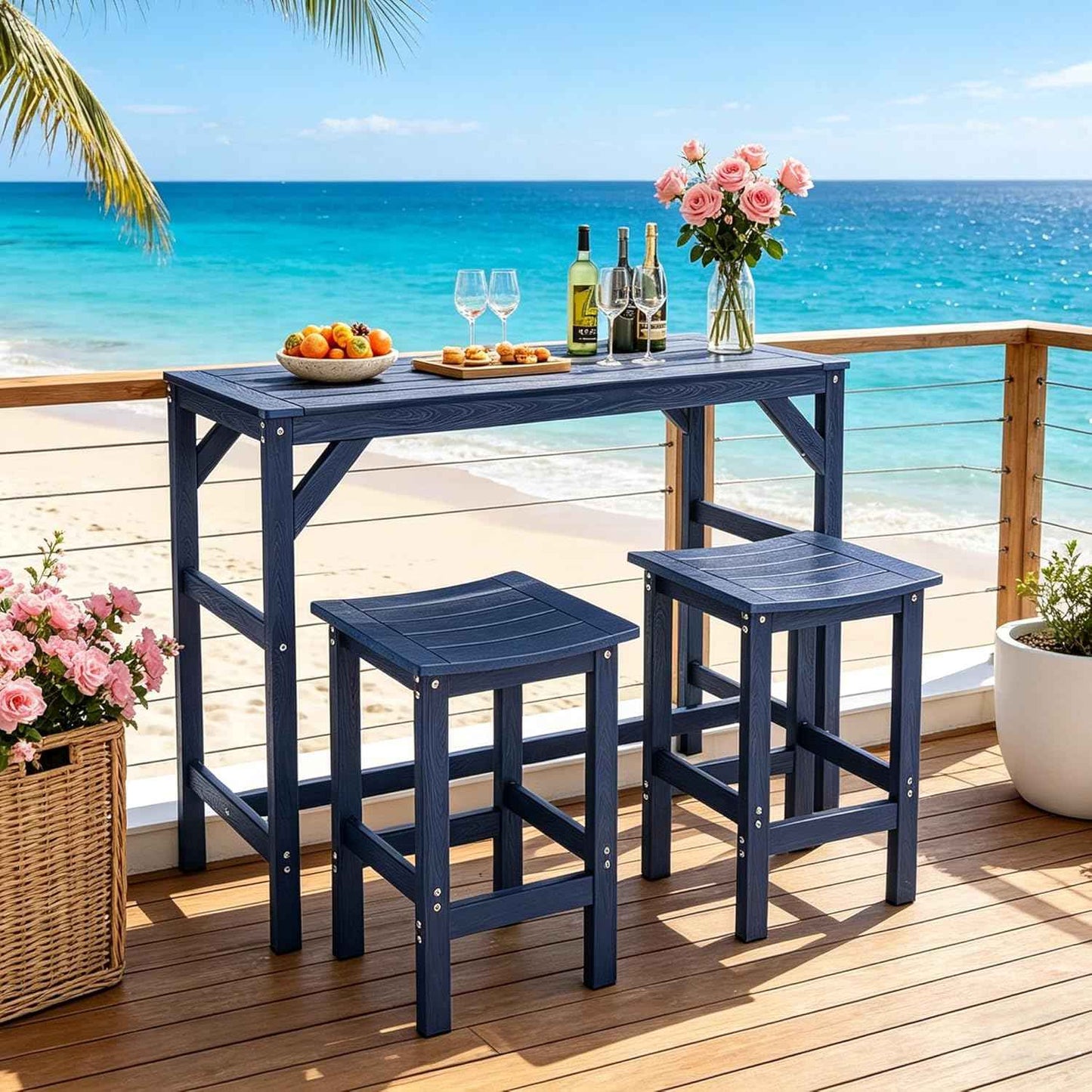 Outdoor Patio Bar Set,All Weather HIPS Table and Chairs Set,High Top Dining Table with 2 Bar Stools,Outside Rectangle Furniture for Balcony,Poolside,Backyard, Garden (Blue, 3 pcs)