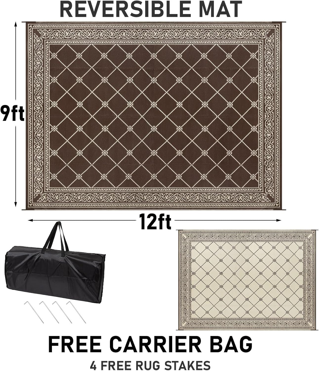 HiiARug Outdoor Rugs 9x12 for Patios Clearance Brown Camping Rug for RV Outside, Reversible Waterproof Plastic Straw Rug Large Outdoor Rug for Porch Beach Picnic Camper