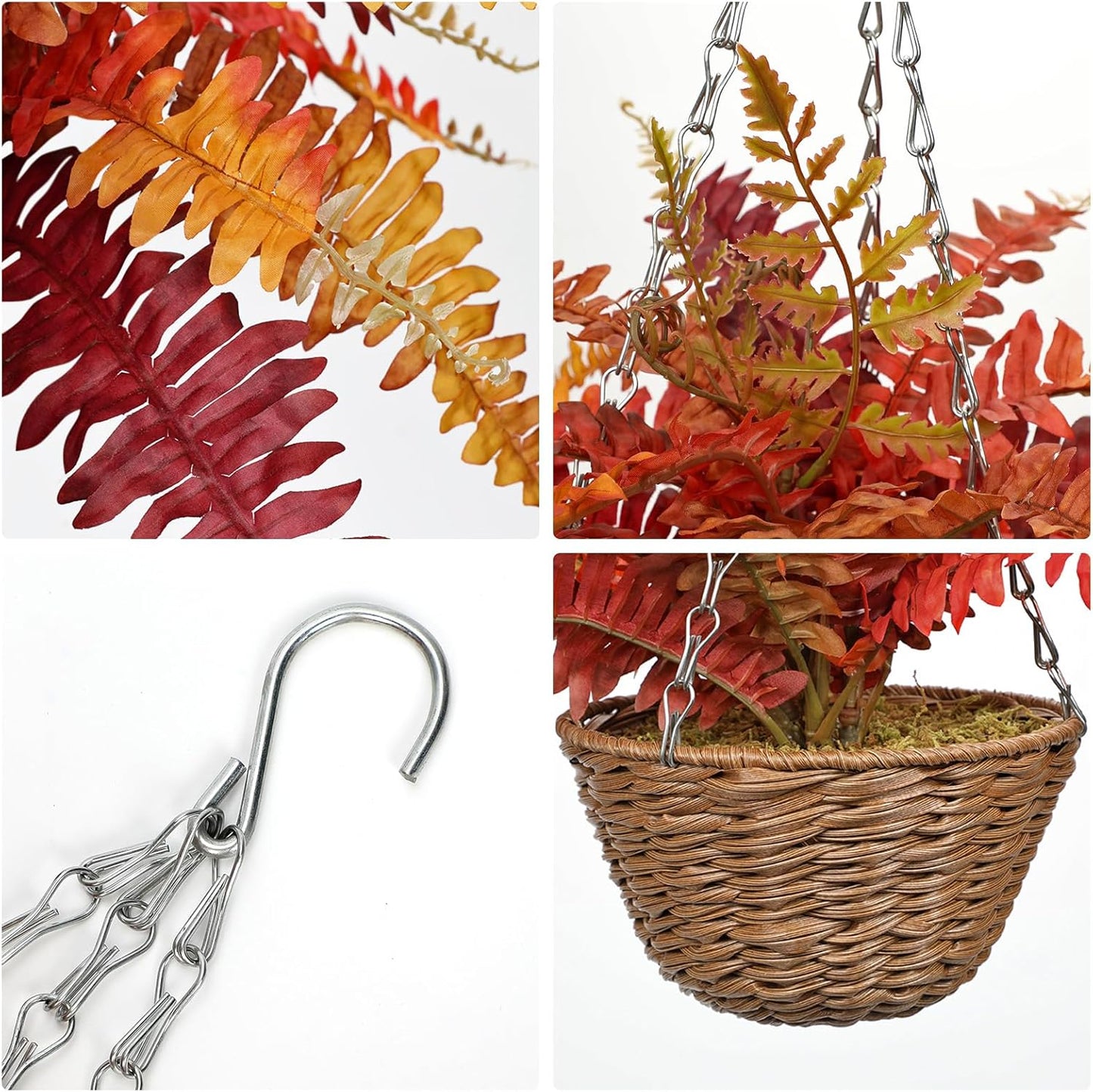 Hollyone Fall Hanging Baskets Small Artificial Fern Orange 21 Leaves Fall Hanging Decor Plant Boston Ferns Silk Plants with Brown Rattan Baskets Outdoors Indoor Fake Fern Autumn Decorations for Home