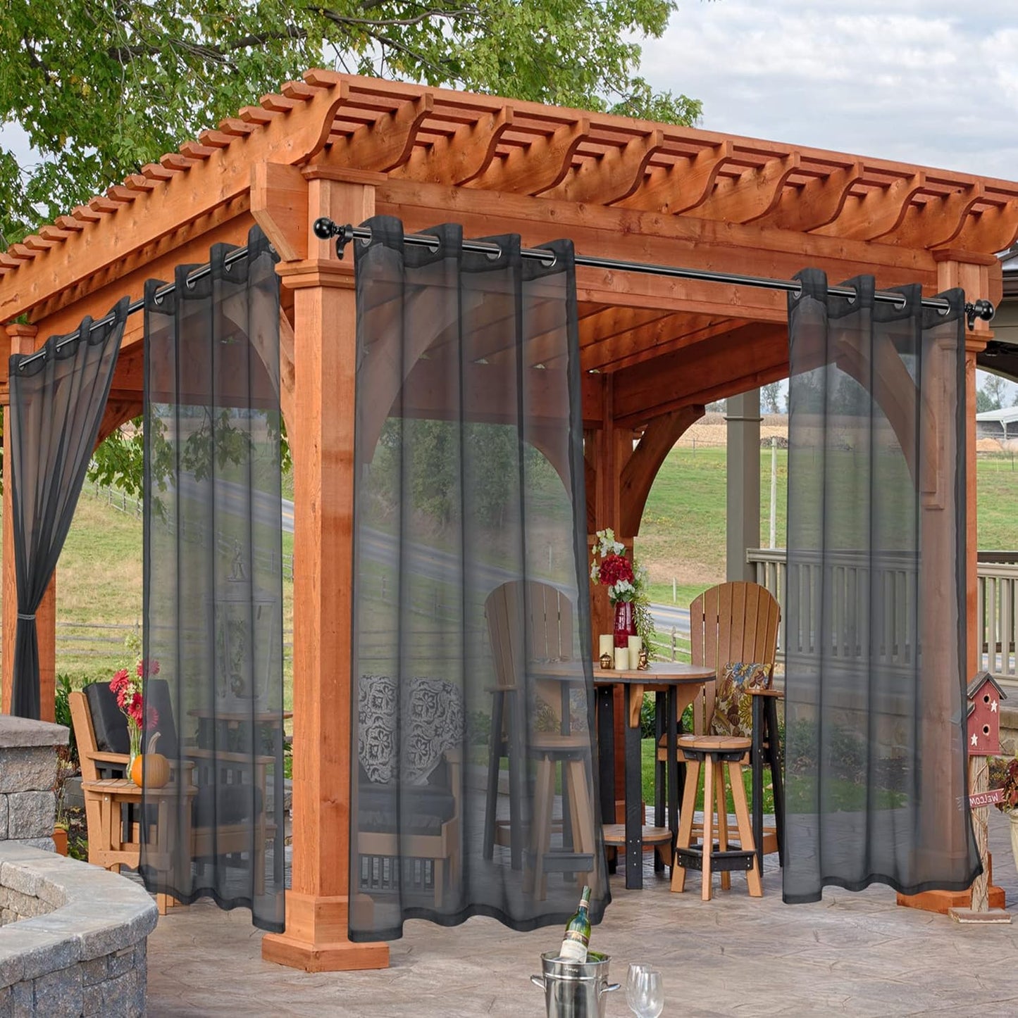 HolidayIdeas Outdoor Sheer Curtains for Patio Waterproof, 4 Panels - 54 x 120 Inch - Grey Light Filtering Voile Outside Curtains Grommet Drapes for Front Porch, Gazebo, Pergola, Backyard