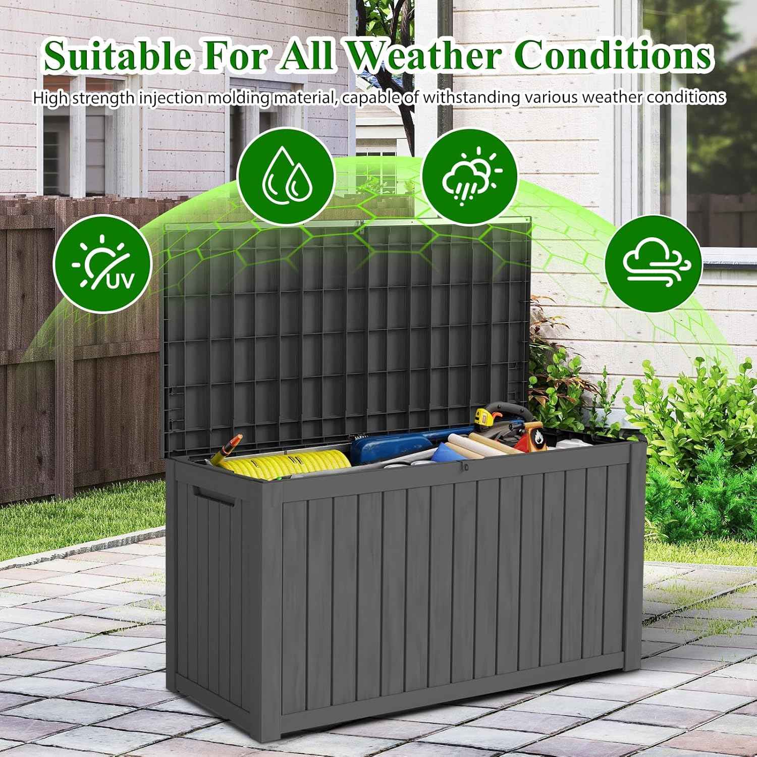 180 Gallon Large Outdoor Storage Box, Resin Deck Box Lockable Waterproof for Patio Furniture Cushions, Garden Tools, UV Resistant Outside Storage Bin, Black