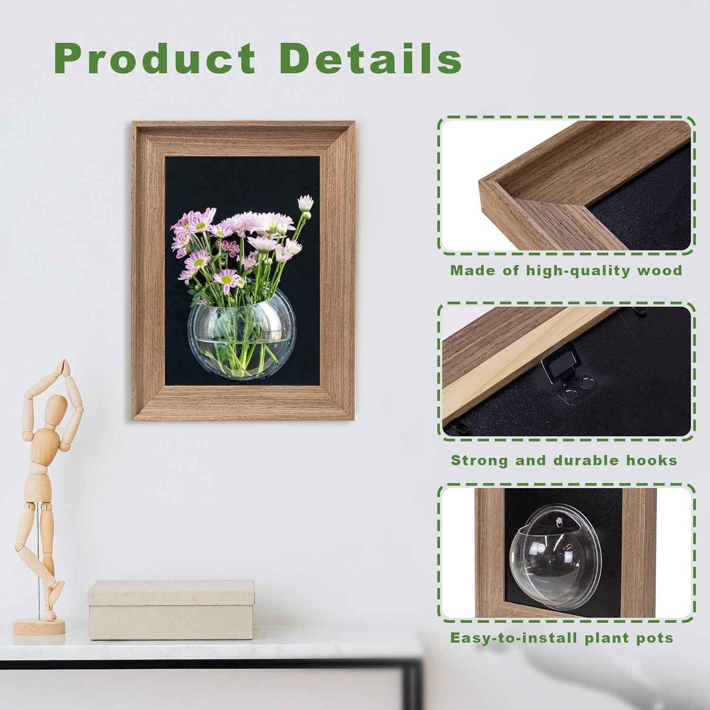 Walnut Wood Frame Wall Planter for Hydroponic Plants, 12" x 16" Wall Vase with Oblate Acrylic Propagation Station, Set of 3, Decorative Wall Hanging for Bathroom, Office & Living Room