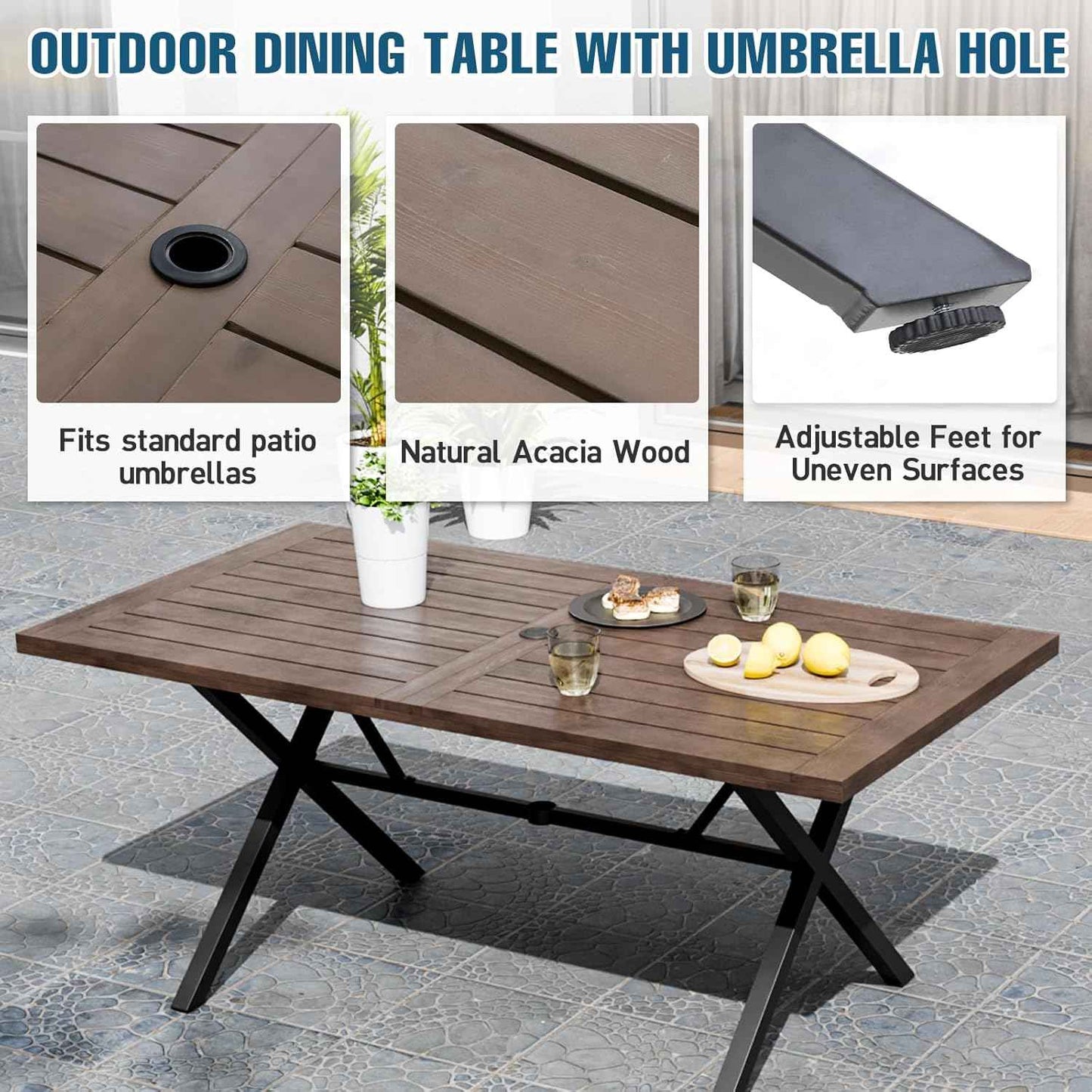 EAGLE PEAK Sienna Bay Outdoor Dining Set for 6, Patio Table Set with Umbrella Hole, All Weather Backyard Table, Chairs and Bench for Lawn, Garden, Deck, 6 Pieces, Brown