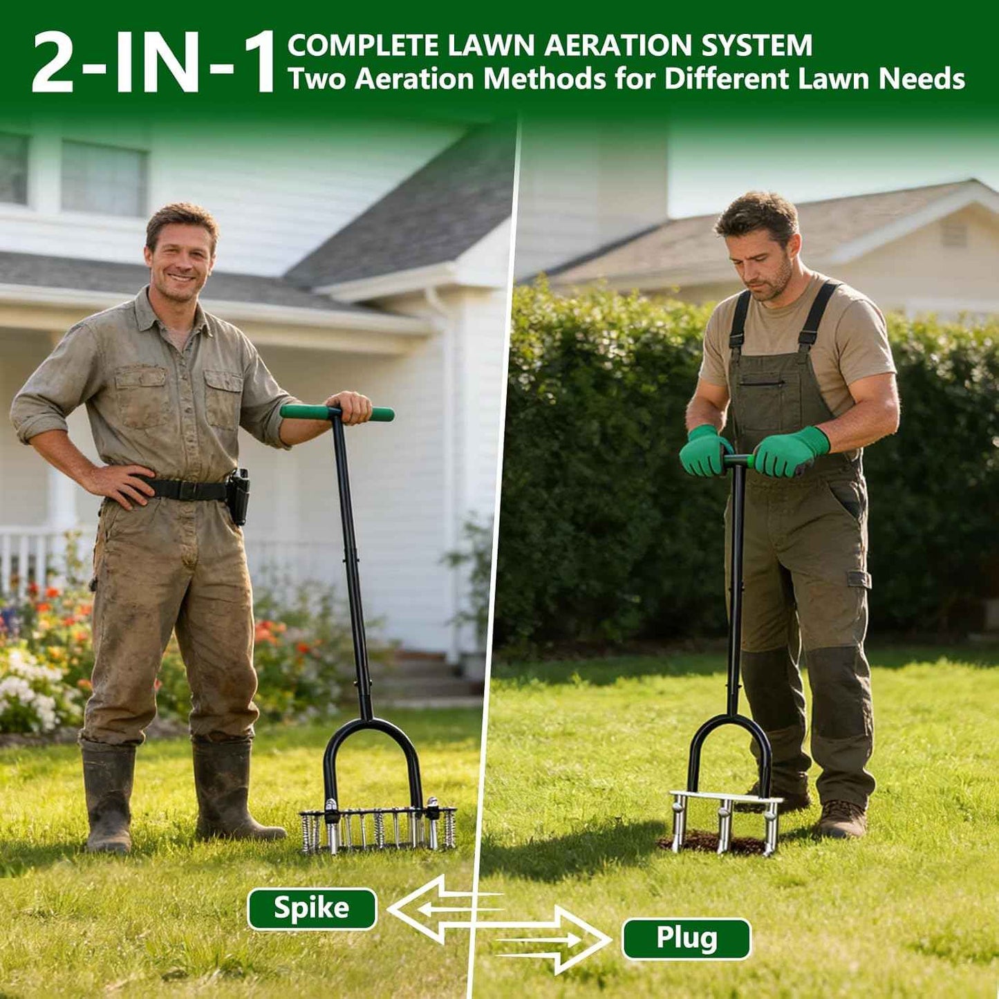 Bigwish 2-in-1 Lawn Aerator Tool with Interchangeable Spike & Plug Core Heads, Manual Lawn Aerator with Adjustable Handle, Heavy Duty Yard Aerator for Soil Loosening Lawn Care Garden Yard