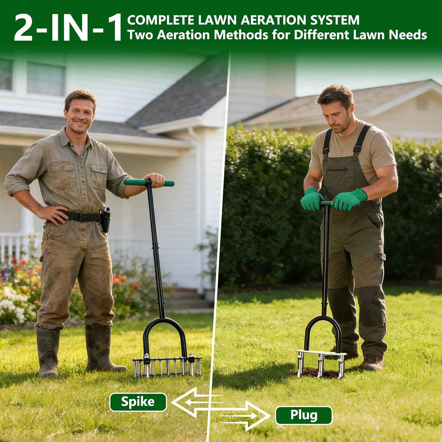Bigwish 2-in-1 Lawn Aerator Tool with Interchangeable Spike & Plug Core Heads, Manual Lawn Aerator with Adjustable Handle, Heavy Duty Yard Aerator for Soil Loosening Lawn Care Garden Yard