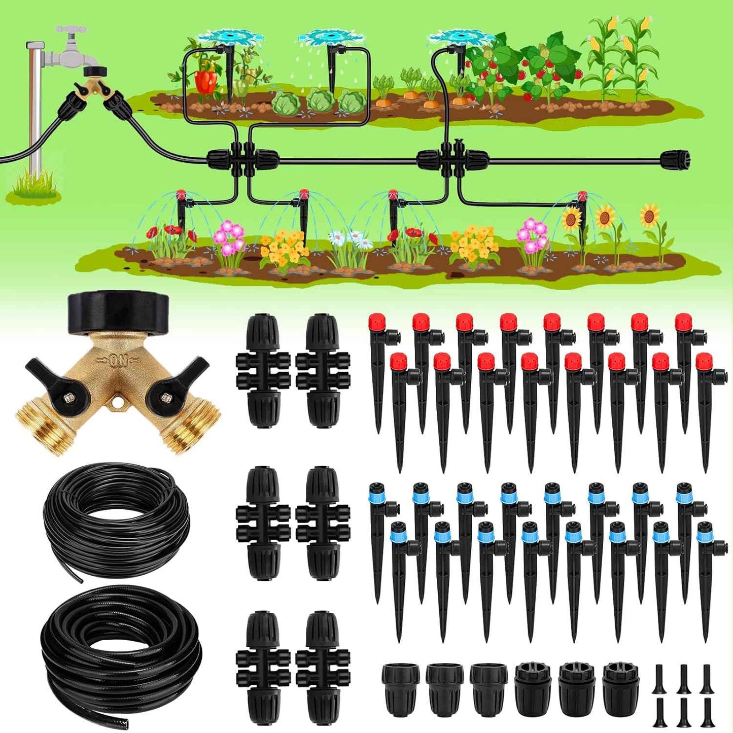 250FT Drip Irrigation System for Garden - 50FT 1/2" Main Tube & 200FT 1/4" Branch Tubing, Brass Splitter, Quick Connect Design, Perfect for Outdoor Plants, Raised Beds, Greenhouses