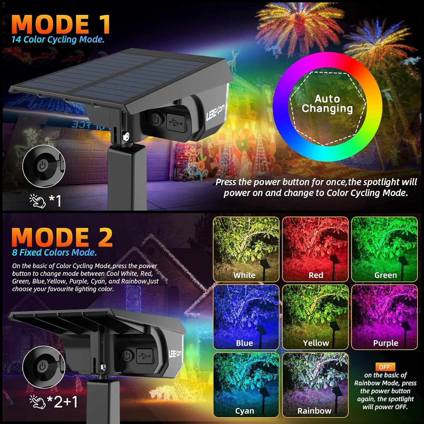 Solar Spot Lights Outdoor Color Changing, IP65 Garden Lights Solar Powered Waterproof with 9 Light Modes, Colored Landscape Lighting Auto On/Off, for Garden Pool Area Pond Yard, 10 Pack