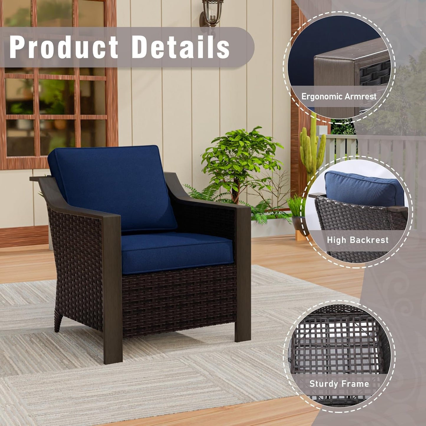 Outdoor Wicker Chair Set of 2, All-Weather Use Patio Rattan Chair with Removable Water-Resistant Cushion, Ideal for Porch, Backyard, Balcony, Poolside, Blue