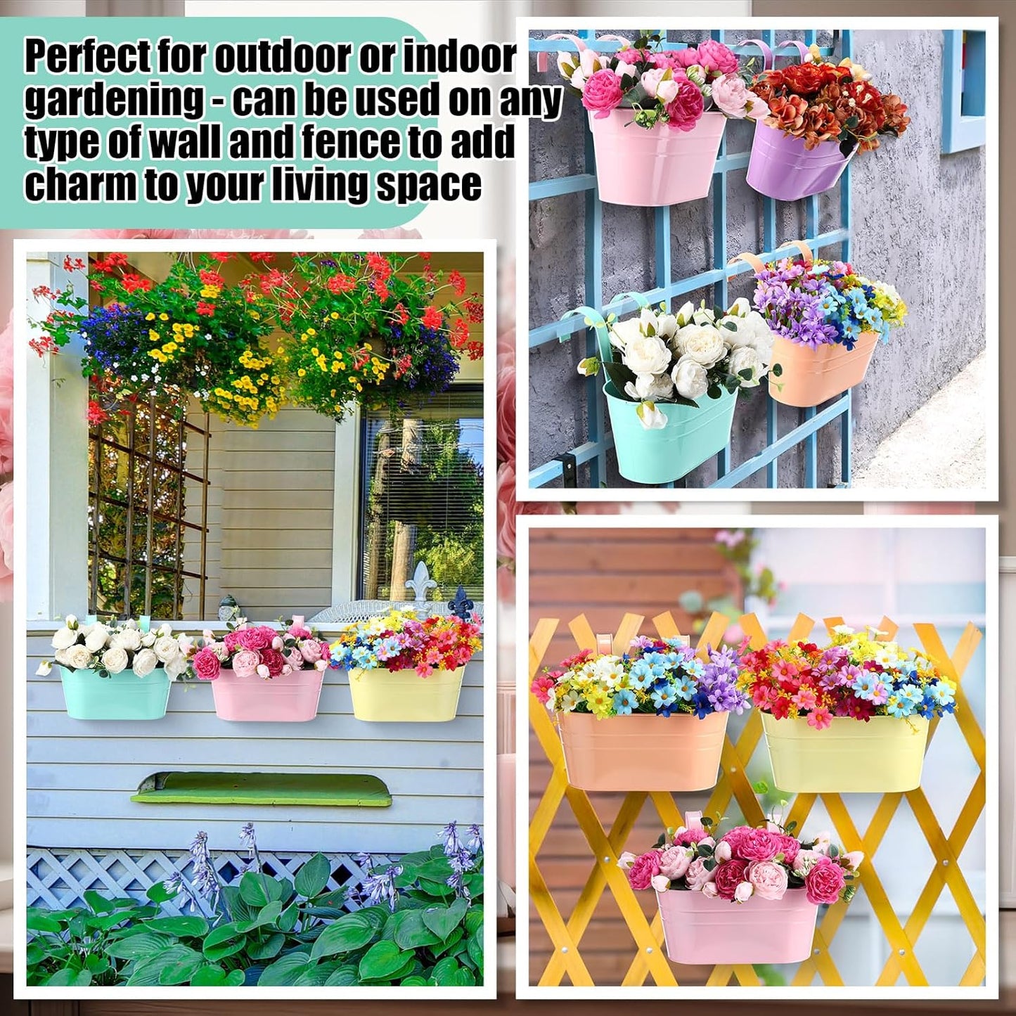 6 Pack Hanging Flower Pot Colorful Metal Iron Bucket Fence Hanging Planters with Detachable Hook Bucket Flower Holder for Railing Balcony Garden Yard Spring Decor(Round,10.6X 5.5 x 4.7 in)