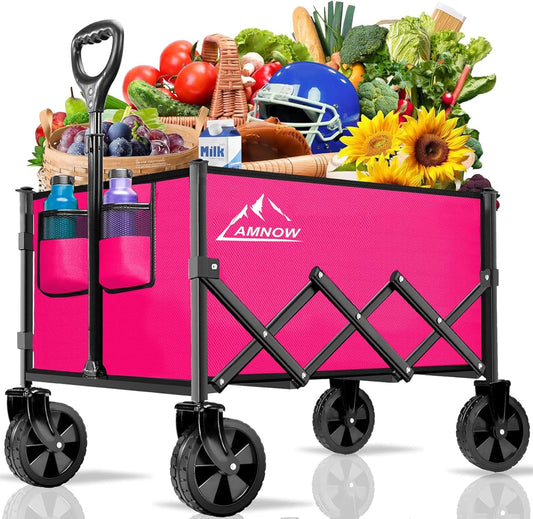 Collapsible Folding Wagon Cart, 350LBS Utility Large Capacity Cart Foldable Wagon with All Terrain Wheels, Grocery Wagons Carts for Garden Shopping Sports Camping, Rose