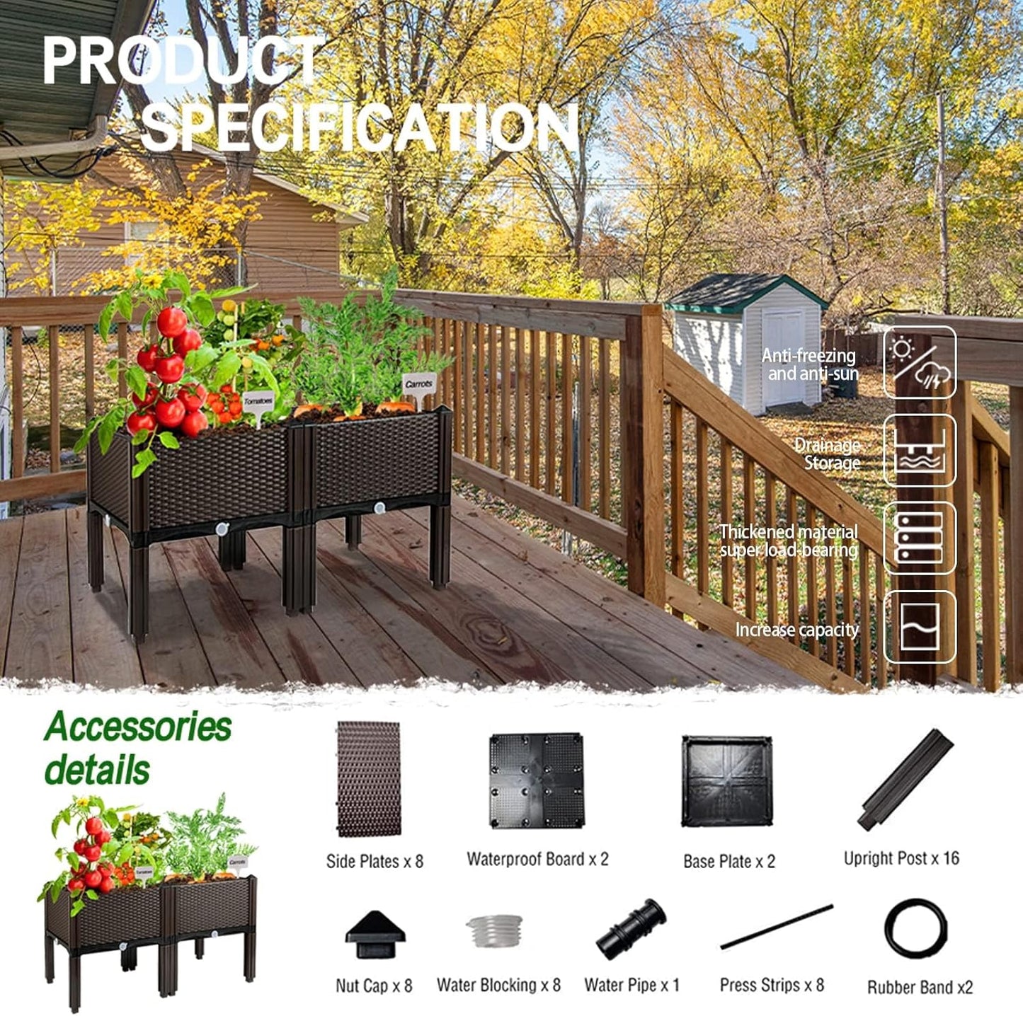 Raised Garden Bed with Legs Polypropylene Elevated Planter Boxes Outdoor Garden Box with Drain Outlet, Heat and Frost Resistance Planters