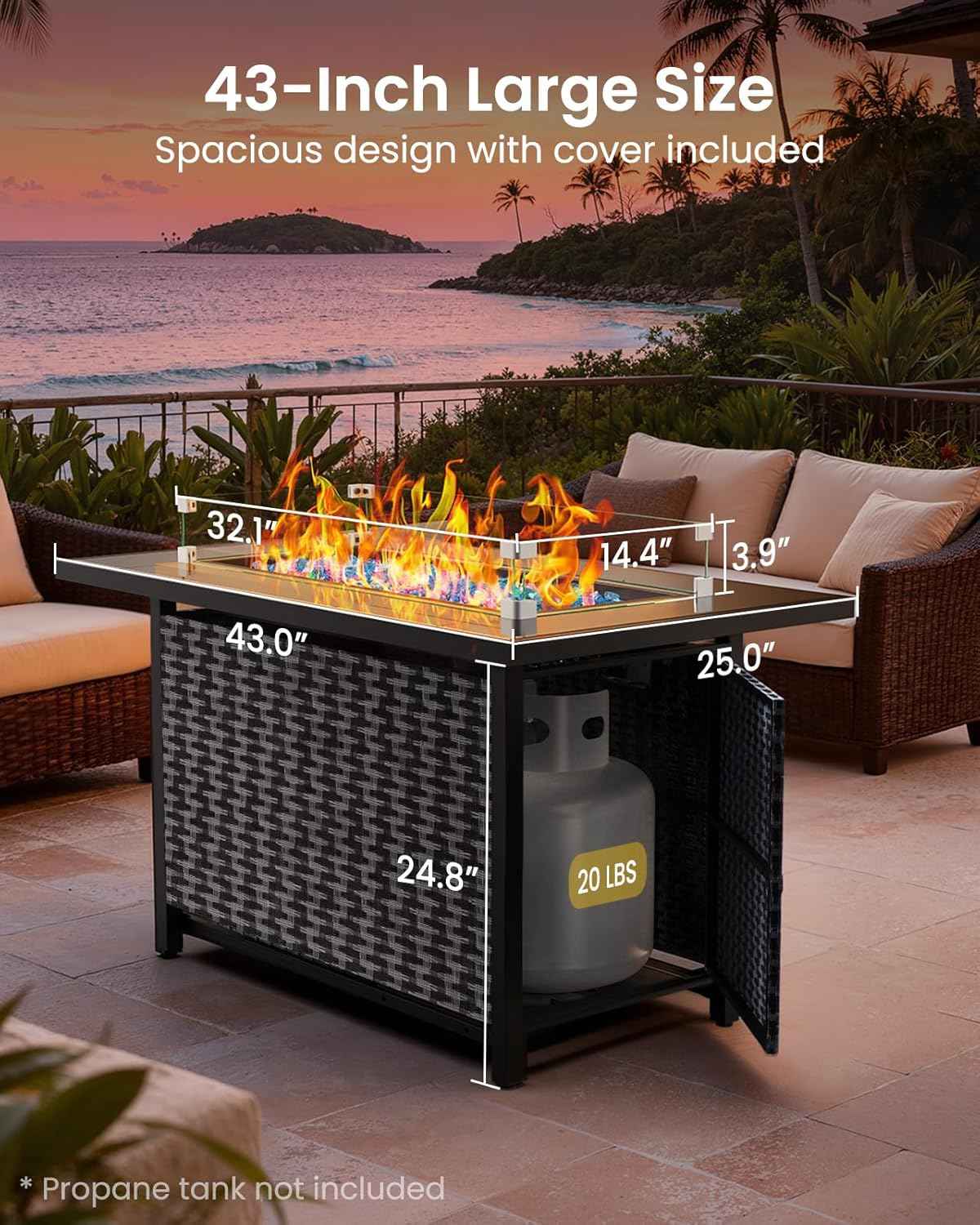 Ciays 43″ Propane Fire Pit, CSA-Listed 60,000 BTU Outdoor Gas Fire Pit Table with Glass Wind Guard, Tempered Glass Top, Lid, Glass Rocks, Adjustable Legs, Fire Table for Patio, Garden & Party, Black