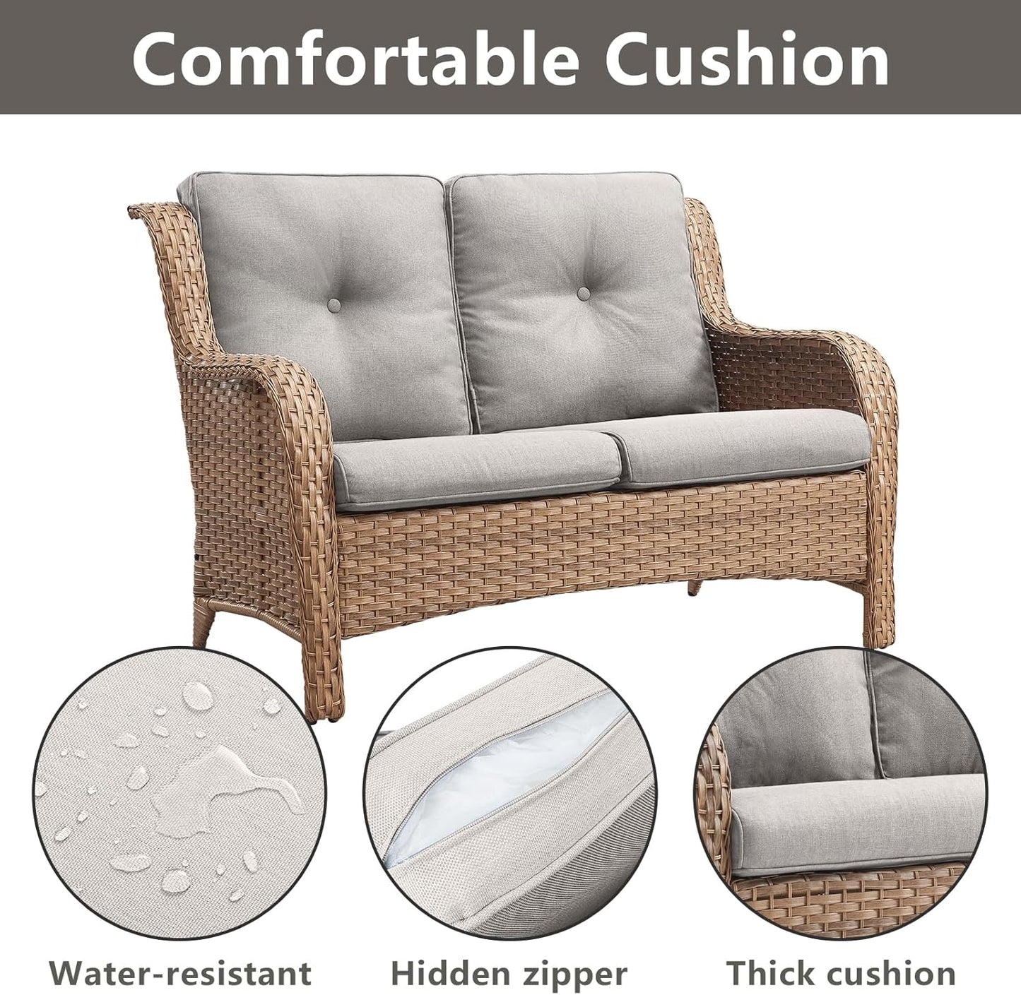 Outdoor Wicker Patio Furniture Set - 6 Piece Rattan Patio Conversation Set with 2 Rocking Swivel Chairs,2 Ottomans,1 Loveseat and 1 Side Table for Porch Deck Backyard Garden(Yellow/Beige)