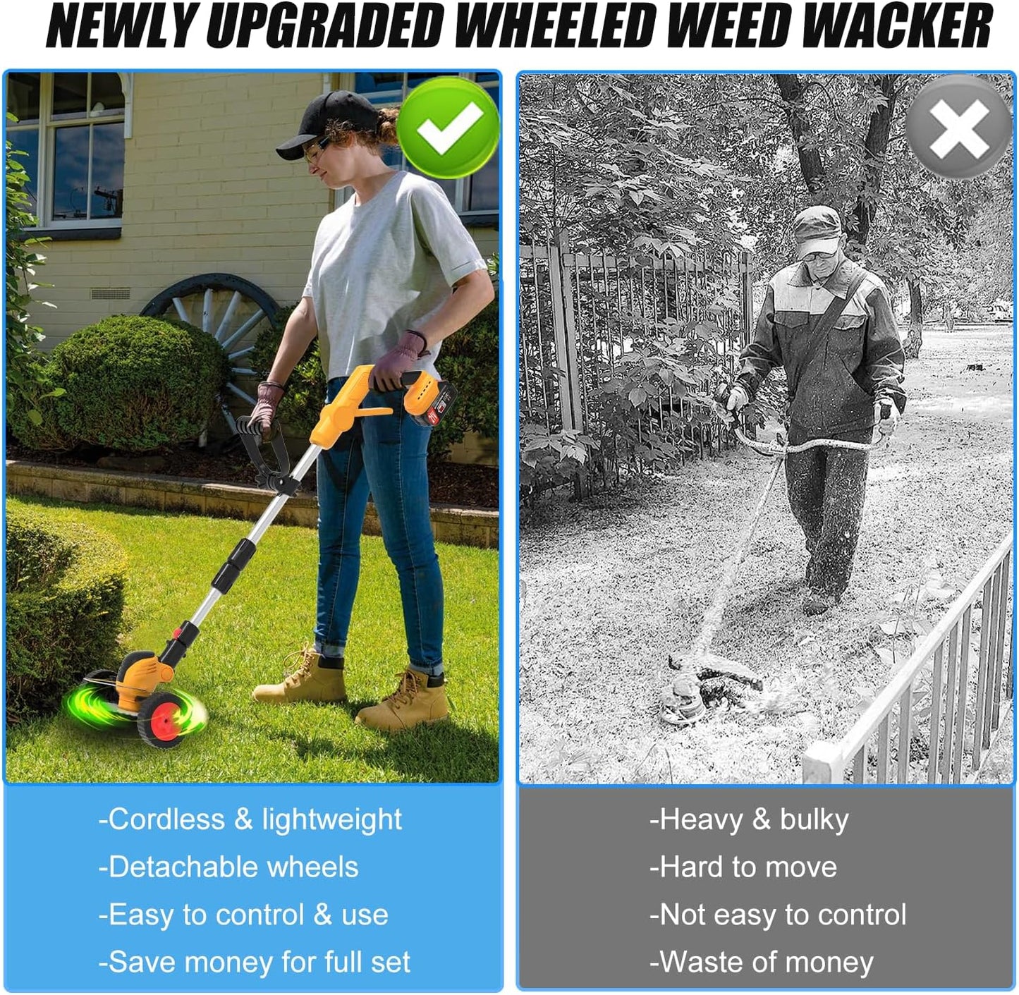 Electric Weed Wacker Cordless Battery Powered, Weed Cordless Eater with 2X 21V/4.0Ah Battery Operated & Wheels 3 Types Blades, 3 in 1 Stringless Grass Trimmer/Edger/Brush Cutter for Garden Yard Lawn