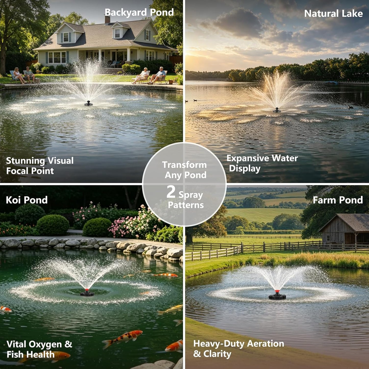 Pond Fountain Aerator, 1HP 110V 750W 15000 GPH Stainless Steel Fountain Pump with 2 Distinct Water Fountain, Fully Automatic Powerful Lake Floating Fountain, 100FT Power Cord, Rope, Timer