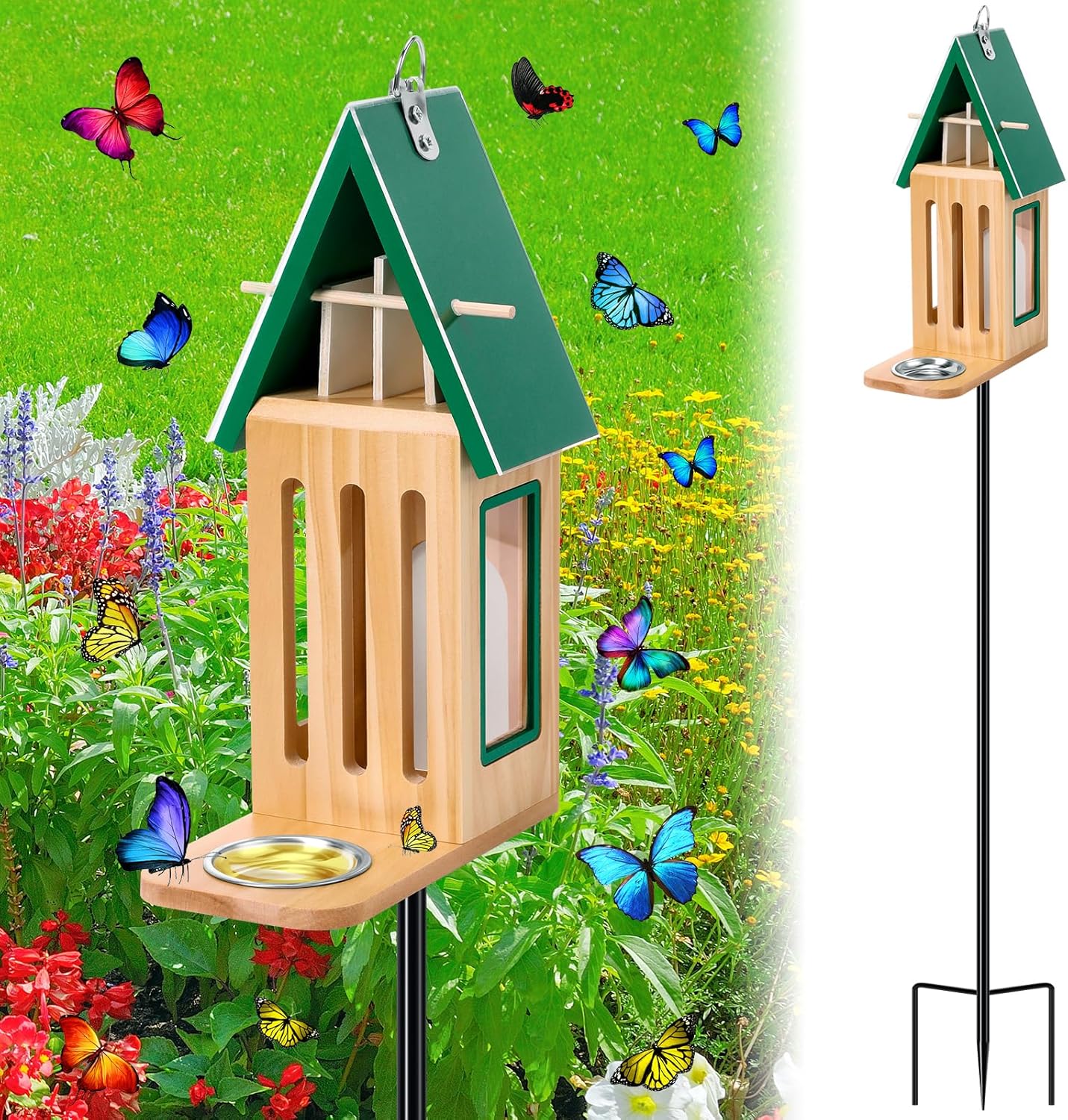 New Upgraded Butterfly House and Feeder for Outside - Wooden Butterfly House with Metal Stake for Garden Backyard, Natural Butterflies Habitat with Puddler on Floor or Hanging on Tree Wall
