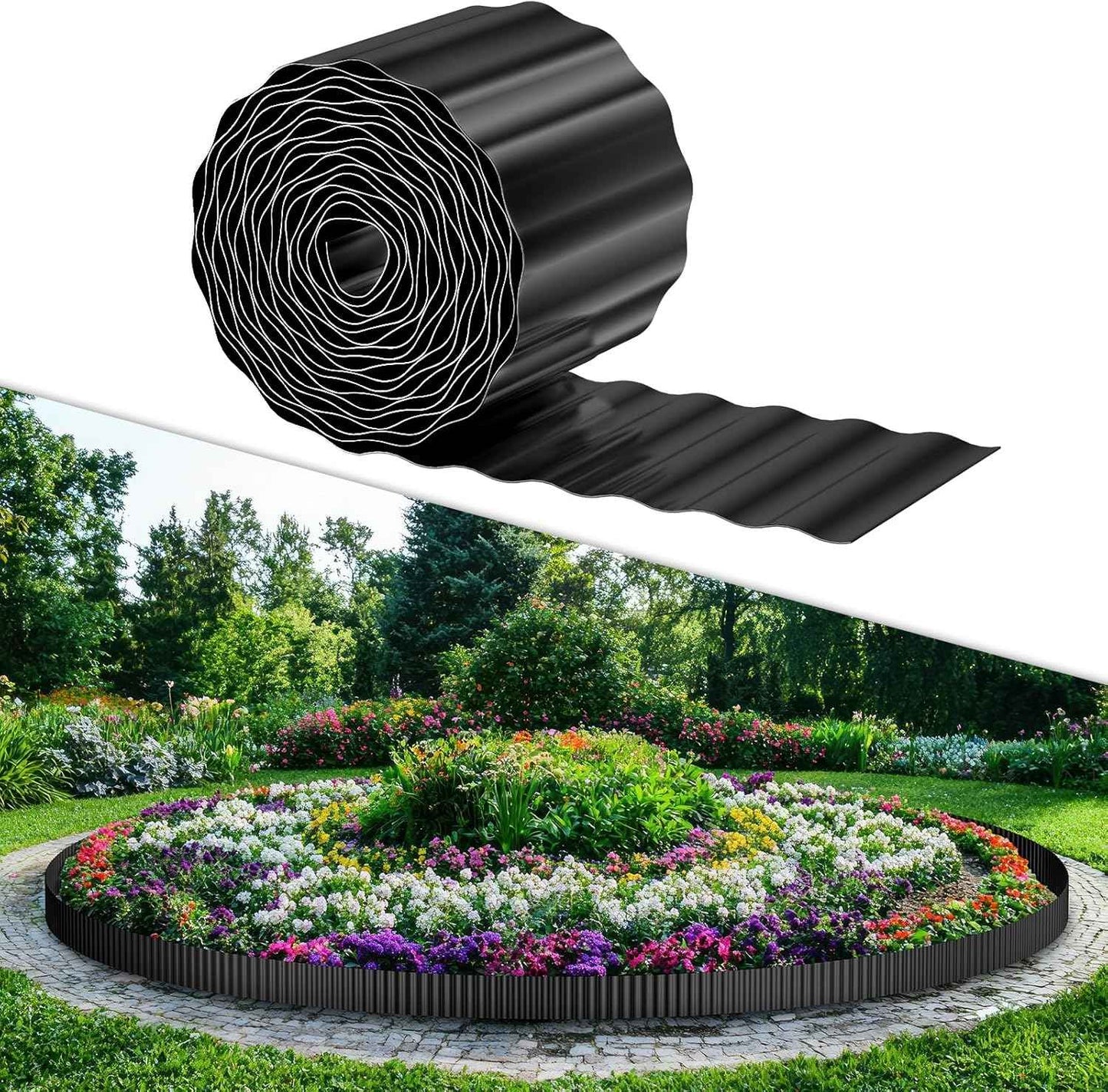 0.06In Thick Corrugated Metal Garden Edging, 6" x 50' Galvanized Steel Garden Border Edging, Metal Landscape Fencing for Lawn, Flower Beds, Driveway, Pathways (Black)