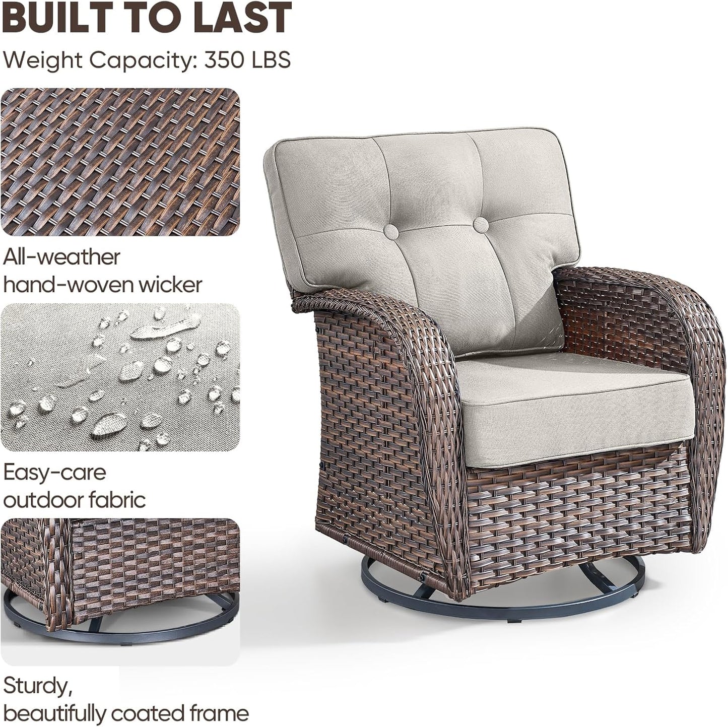 5-Piece Rotating Balcony Chair Set with 31-inch T-Shaped Wide backrest - Rattan Outdoor Rotating Balcony Chairs, Wide backrest Comfortable Outdoor Sliding Chair - Brown | Beige