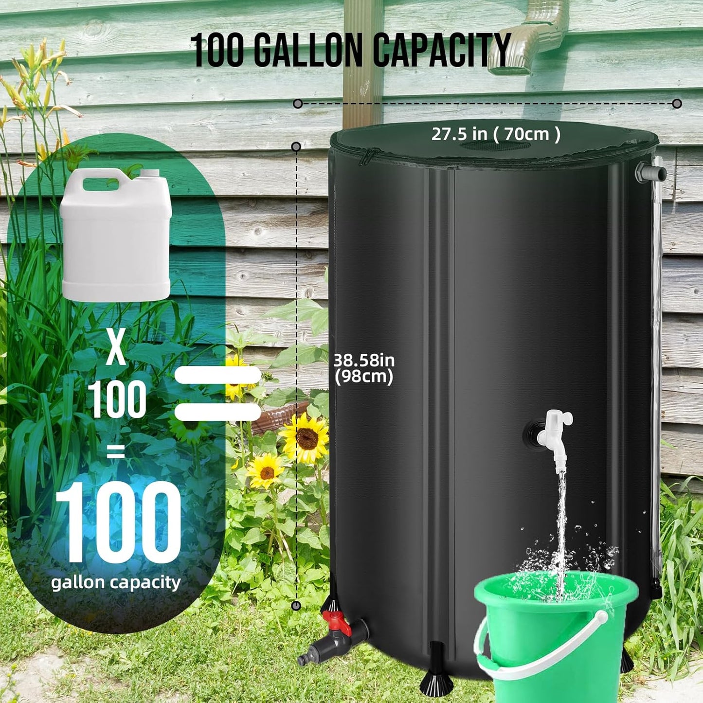 Collapsible Rain Barrel Water Collection System - 100 Gallon Portable Water Storage Tank,Foldable Rainwater Collect System Downspout, Water Catcher Container with Filter, Spigots＆Overflow Kit,Black