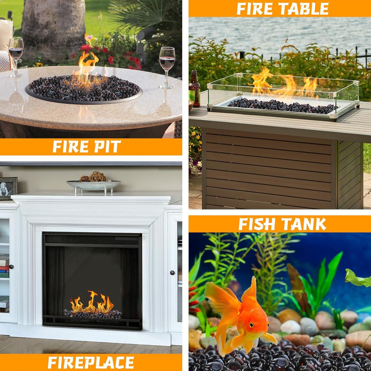 Fire Glass, Fire Pit Rocks for Propane Firepit, Fireplace and Outdoor Decorative, 10LB High Luster 1 Inch Amber Diamonds Glass Beads