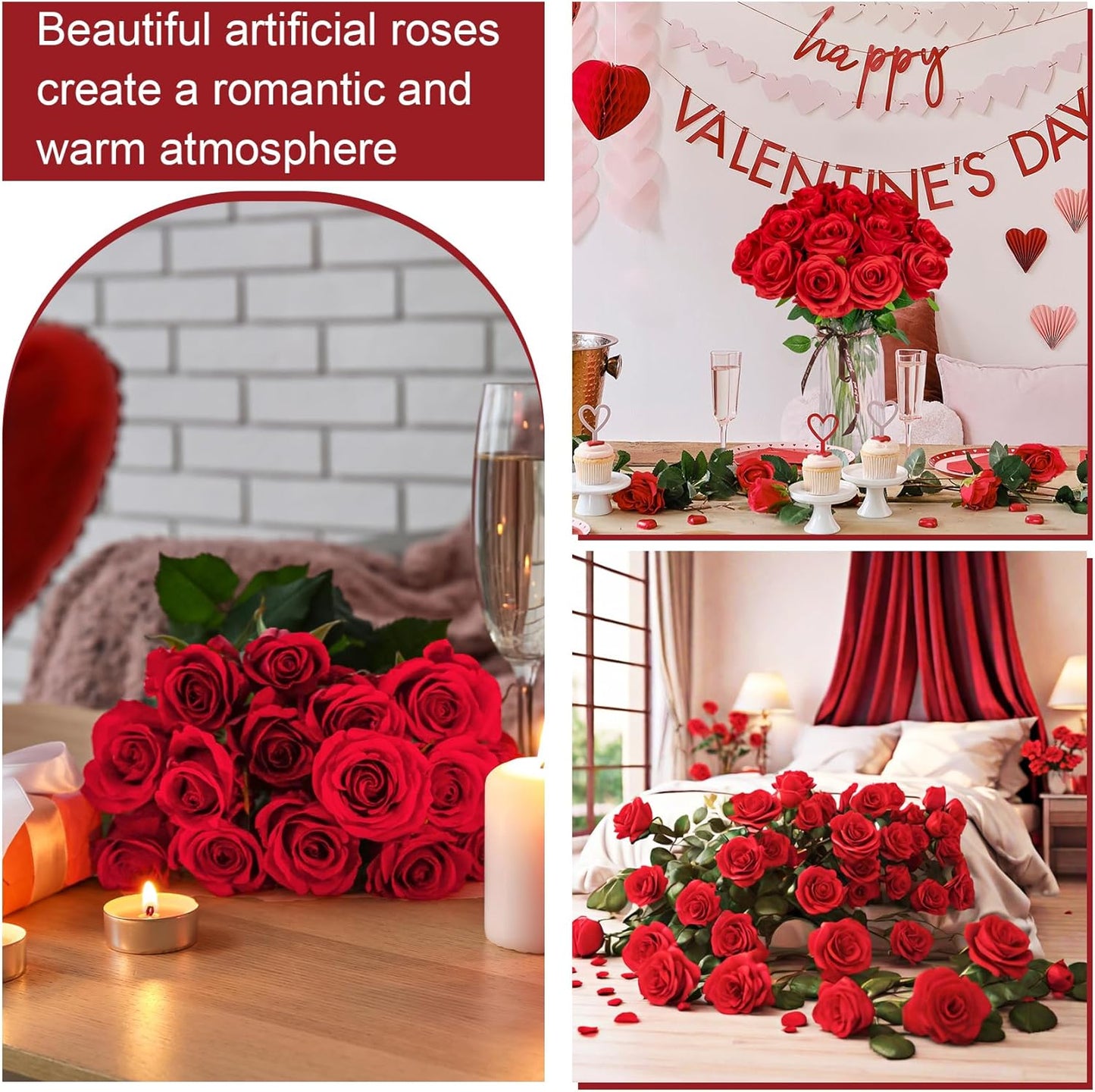 Ouddy Decor 20 Pcs Red Roses Artificial Silk Flowers Fake Roses Bouquet with Long Stems for Mother's Day Decor Wedding Home Party Table Centerpieces Bridal Bouquet DIY Floral Arrangment, Red