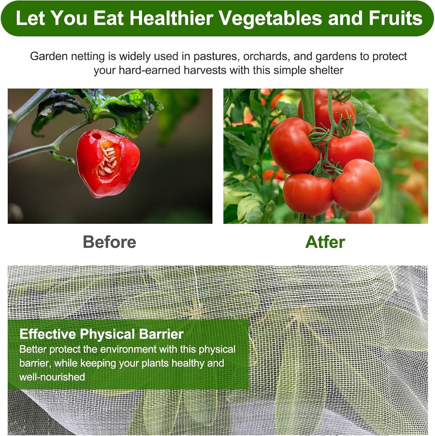 Garden Netting, Jevrench Durable Ultra Fine Garden Netting, Garden Plant Cover Row Cover Makes Plants, Vegetables, Fruits, and Flowers Grow Better (8ft x 25ft)
