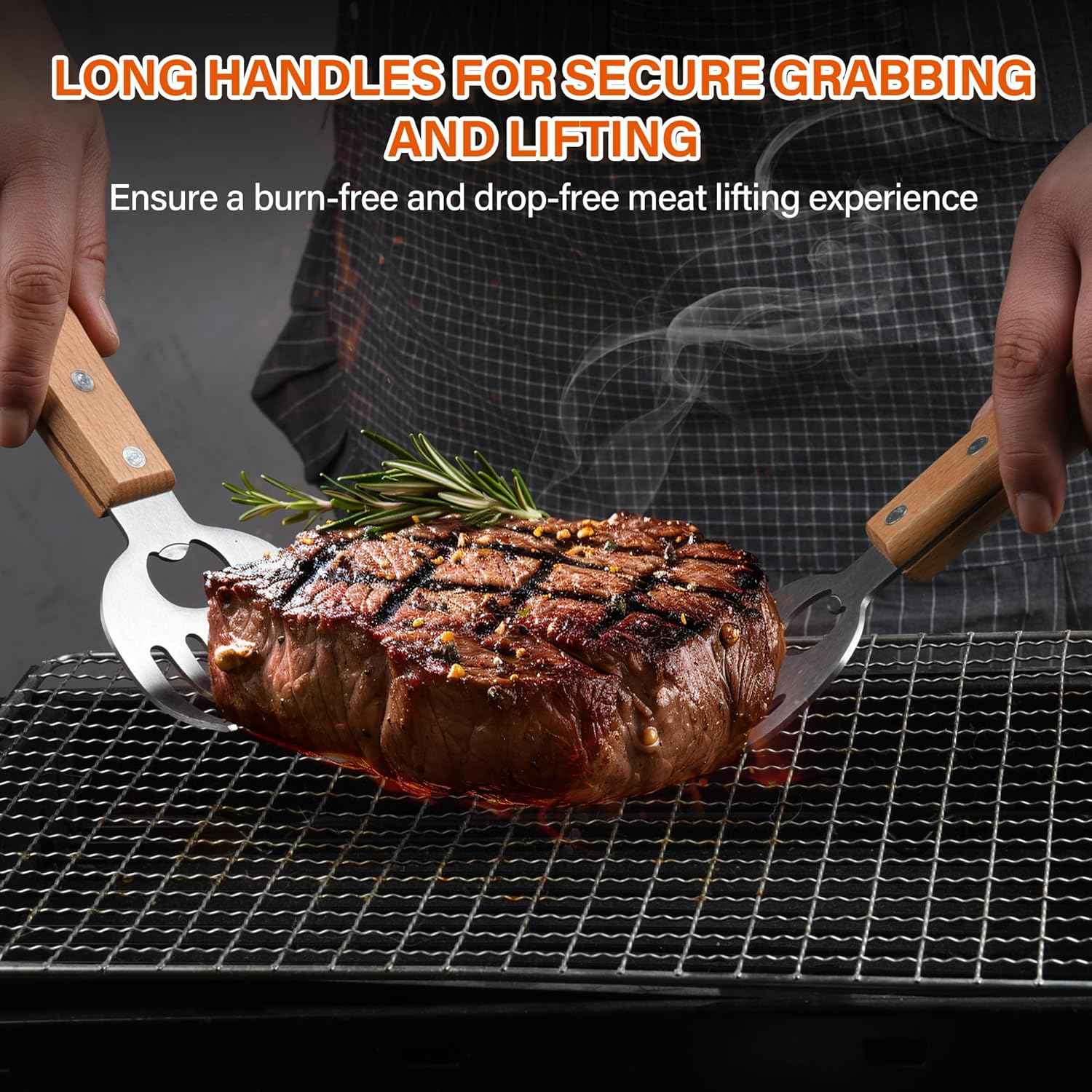 Stainless Steel Meat Shredder Claws with Long Wooden Handles for Pulled Pork, Turkey, Chicken - BBQ Tools for Shredding, Pulling, Handling, and Serving