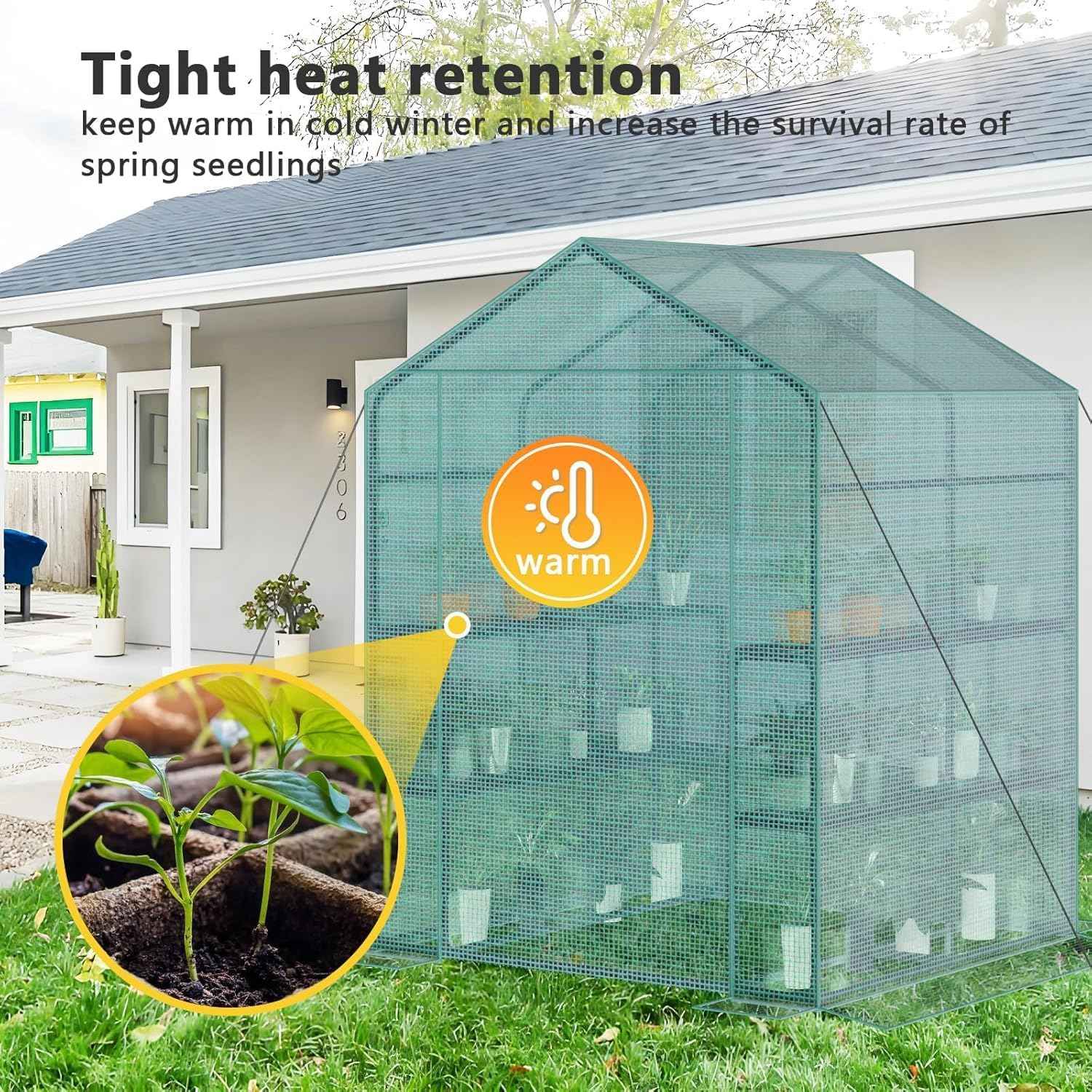 Greenhouse, 57 x 57 x 76'' Greenhouses Plant Tent for Outdoors, Durable Grow Kit with Window, Thicken PE Cover, 3 Tiers 8 Shelves, Heavy Duty Walk in Green Houses for Indoor Backyard Outside