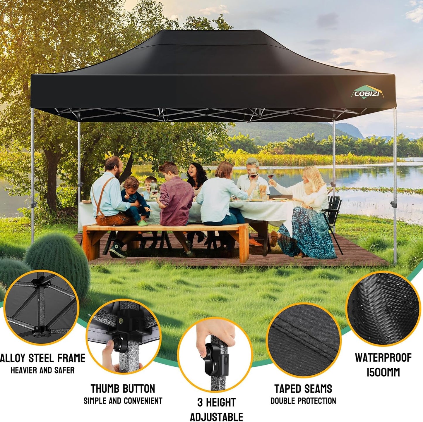 COBIZI 10x15 Pop up Canopy Tent Heavy Duty with 4 Sidewalls, Easy Set-up Commercial Outdoor Party Tent, 100% Waterproof Wedding Canopy Gazebo, 3 Height Adjustable with Handbag, Black