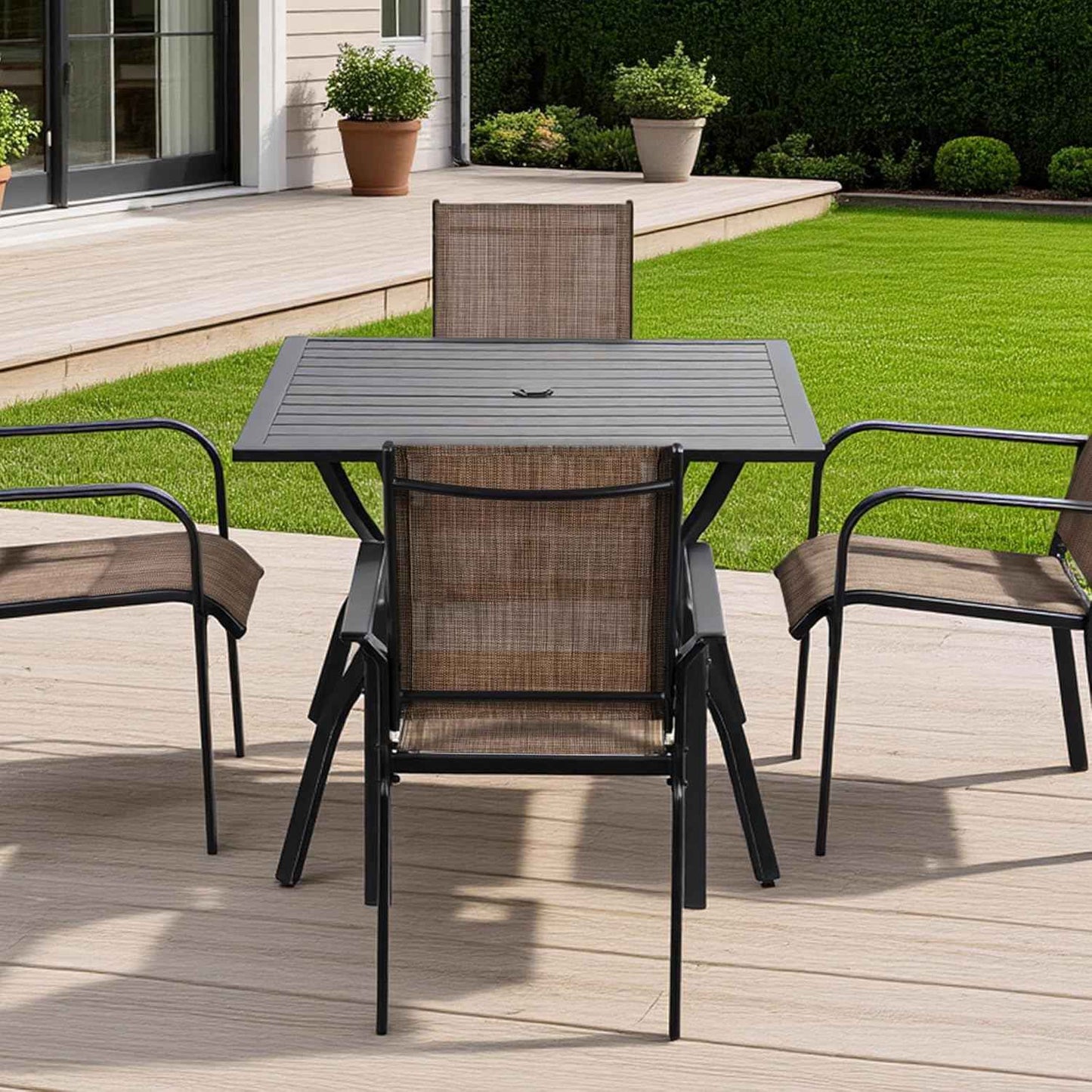 Outdoor Patio Dining Table for 4 People, 37" All-Weather Resistant Metal Square Table with Adjustable Umbrella Hole for Garden Backyard Porch Poolside, Black