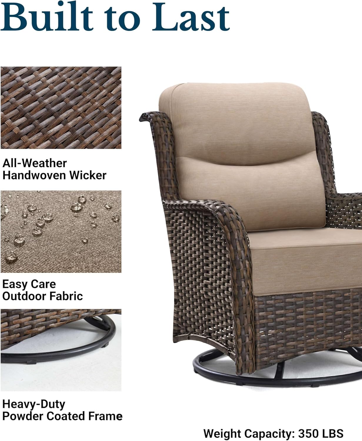 HILLGA Luxury Patio Furniture Set with 6-Inch Thick Cushions, High Back Outdoor Swivel Rocker Chairs and Table, 3-Piece All Weather Conversation Set for Porch Deck Balcony Yard, Beige (V3)