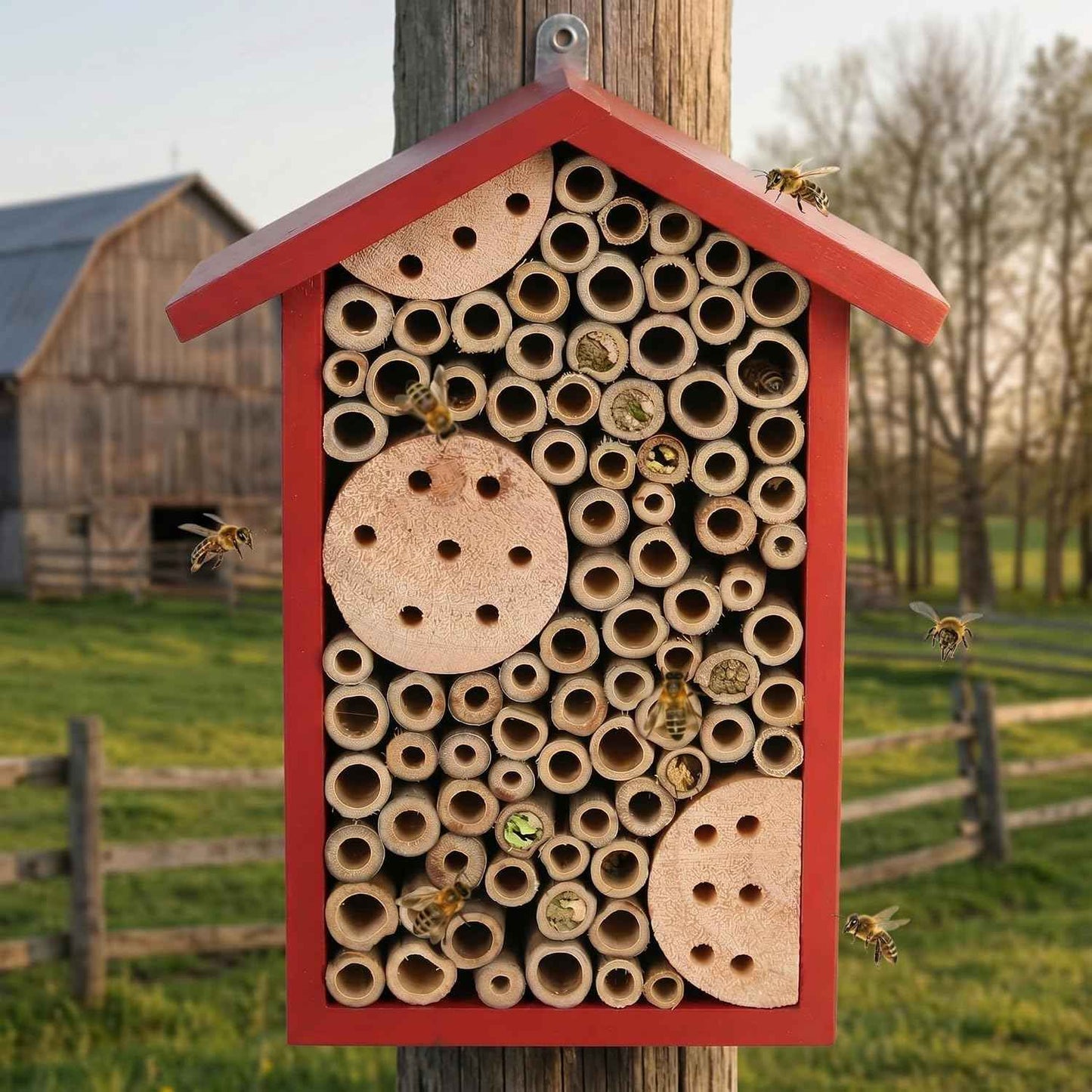 Topadorn Red Wooden Bee House, Natural Bamboo Tube Bee Hotel for Mason Bees, Outdoor Garden Pollinator Shelter with Hanging Ring