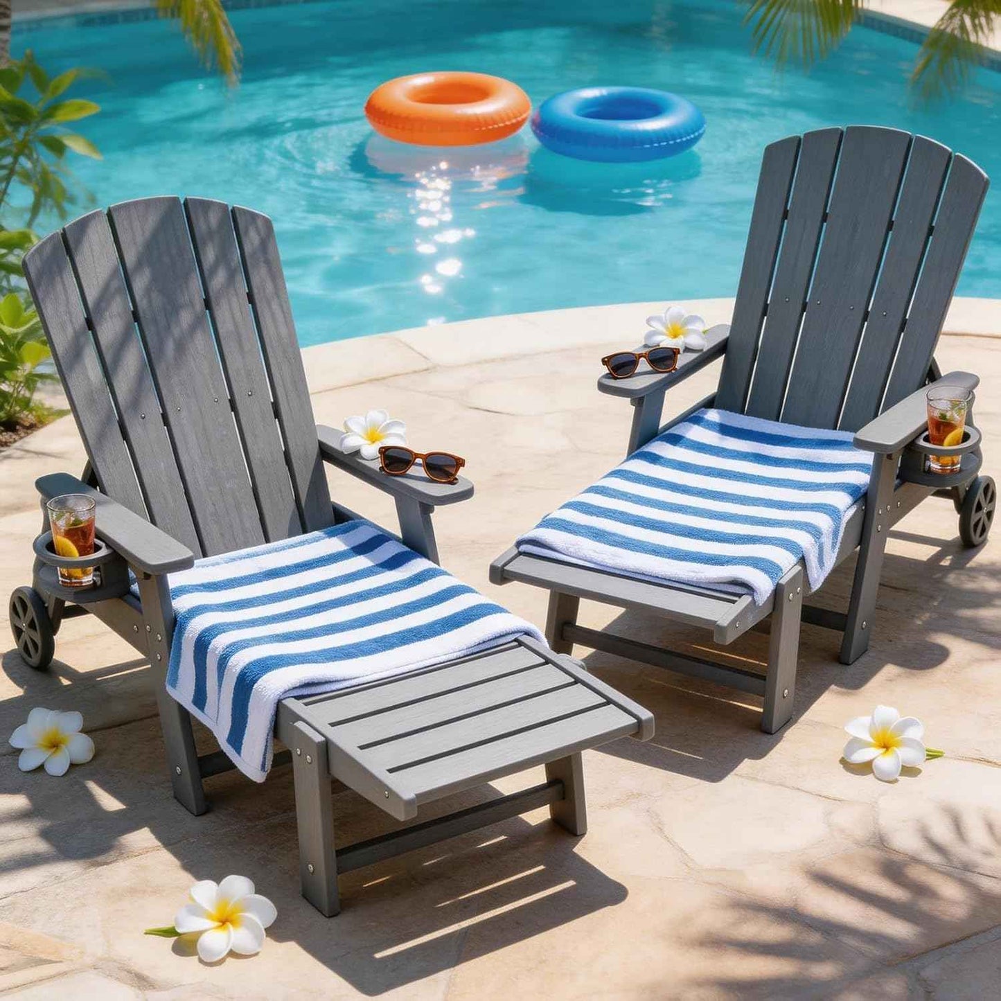 Outdoor Lounge Chair,HDPE 4-Position Adjustable Chaise Lounge Outdoor with Rolling Wheels & Cup Holder,All-Weather Heavy-Duty Pool Lounge Chairs for Poolside,Patio,Grey