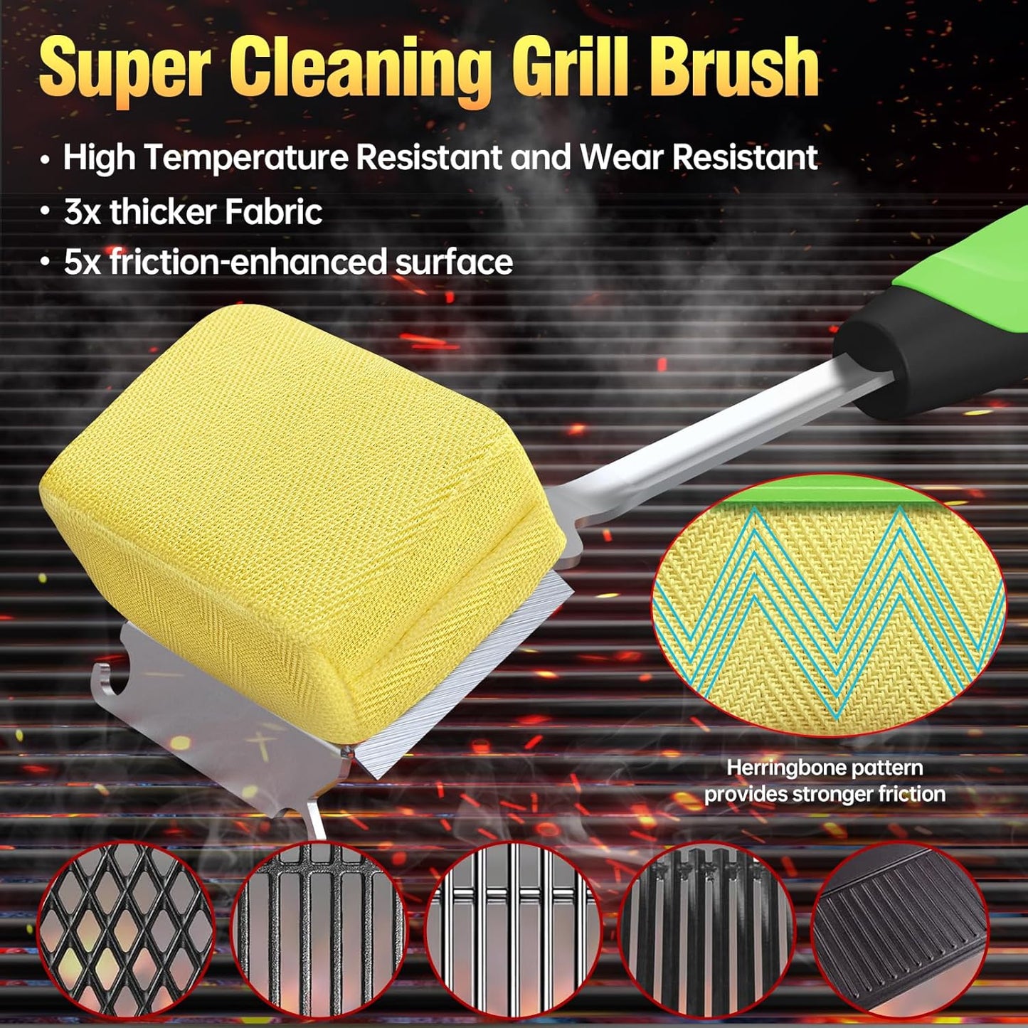 Grill Brush Bristle Free for Outdoor Grill, Steam Grill Cleaning Brush Replaceable BBQ Cleaner Brush Head,Extended Handle, Safe Grill Brush with Scraper for Cast Iron Stainless-Steel Grates, Green
