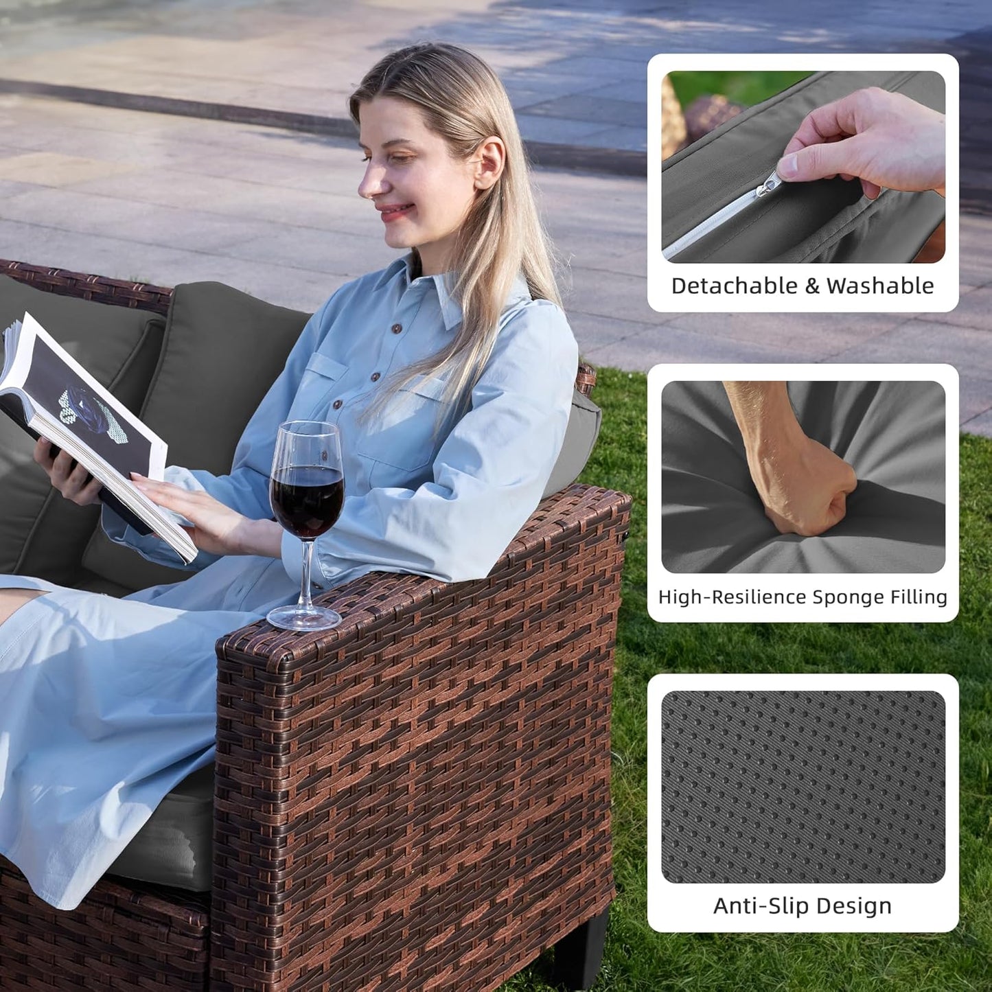 UDPATIO Patio Furniture Set, 5 Pieces Outdoor Conversation Sets with Rocking Swivel Chairs, Wicker Rattan Outdoor Sofa Set with Storage Table and Waterproof Covers for Backyard, Deck, Porch, Grey