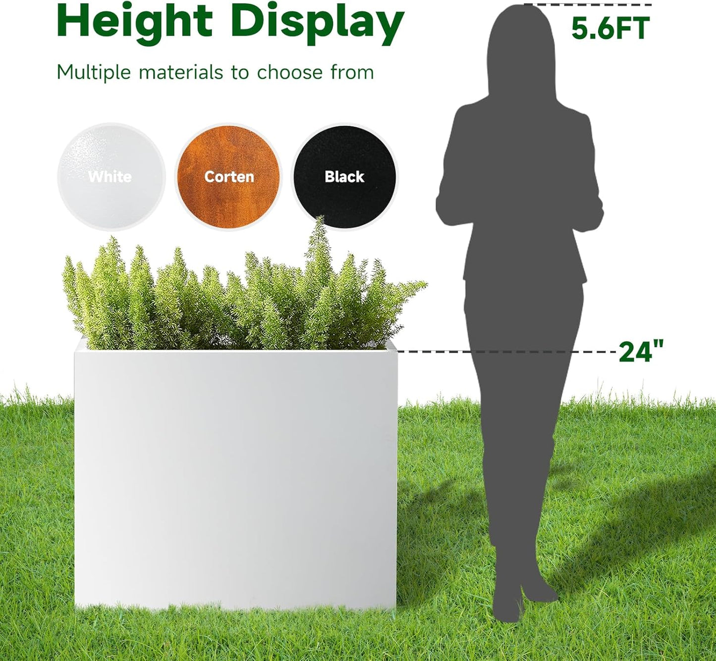 Galvanized Steel Metallic Heavy Planter for Outdoor Plants Metal Outdoor Planter Spliced Flower Box with Partitions for Outside,Indoor,Garden (White, 36 * 15 * 24)