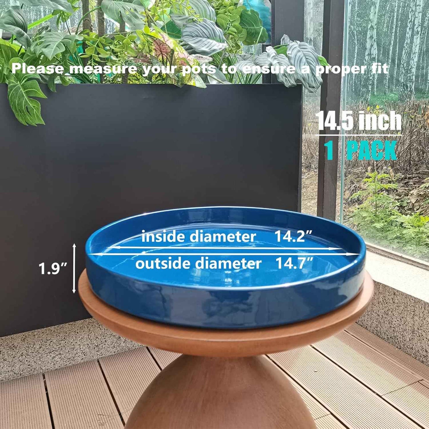 Ceramic Plant Saucer Pot Tray 14.5 Inch, Blue Planter Saucers 5 7 9 10 12 15 Inch for Indoors Outdoor, Flower Pot Saucers for Holding Water Drips and Soil
