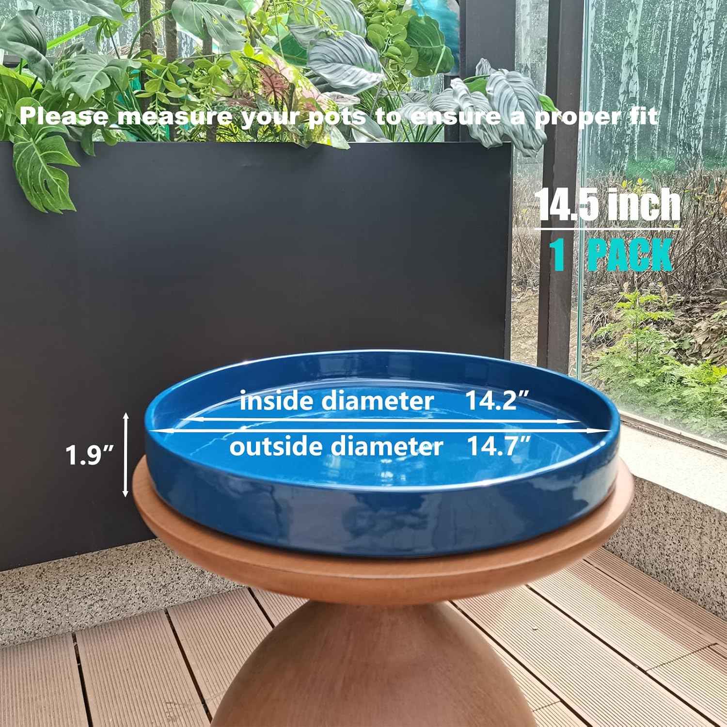 Ceramic Plant Saucer Pot Tray 14.5 Inch, Blue Planter Saucers 5 7 9 10 12 15 Inch for Indoors Outdoor, Flower Pot Saucers for Holding Water Drips and Soil