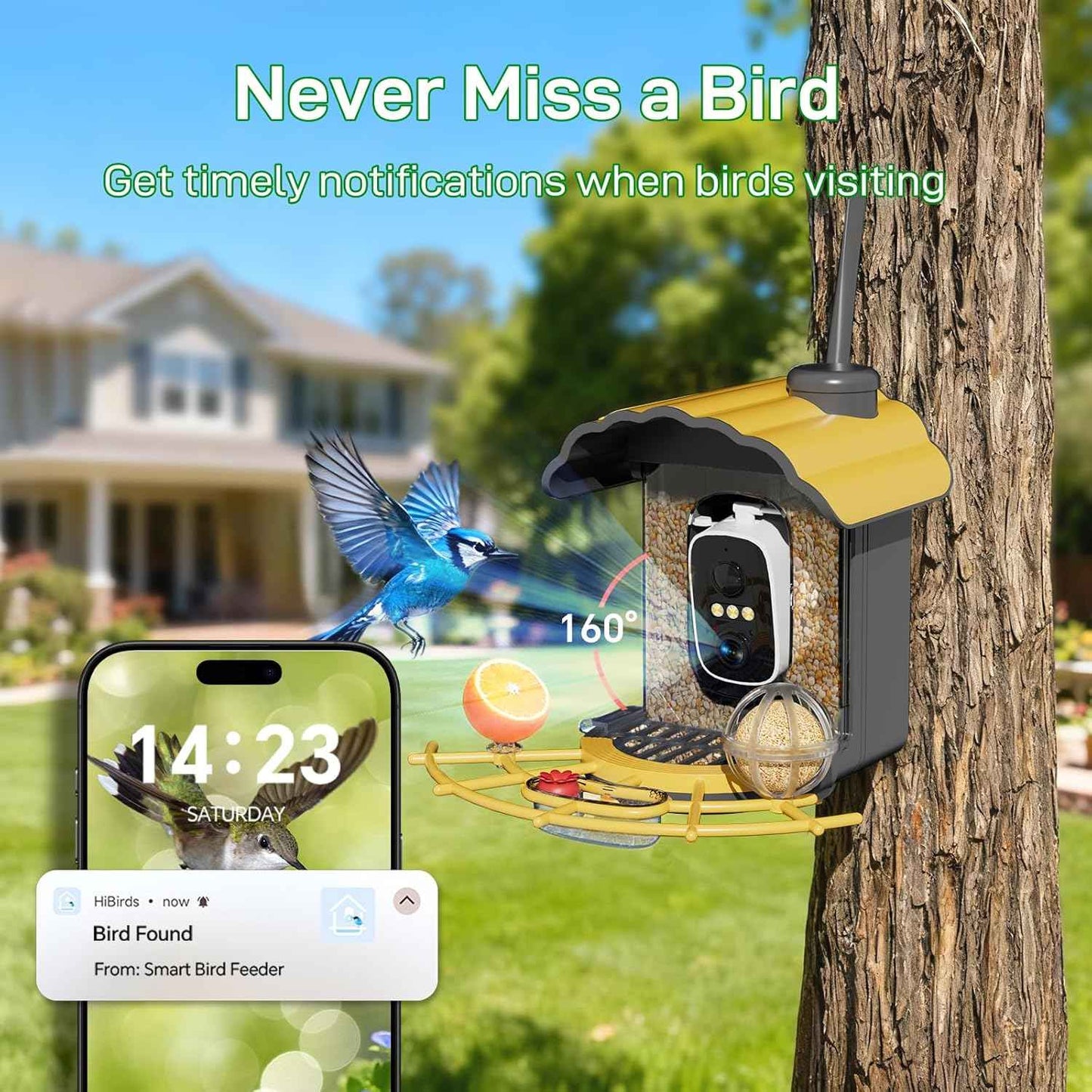 Smart Bird Feeder with Camera: Hummingbird Feeder with Solar Powered for Outdoors, Bird House with 2K HD Video & AI Bird Species Identification, Arrival Alerts, Gift for BirdLovers - Yellow