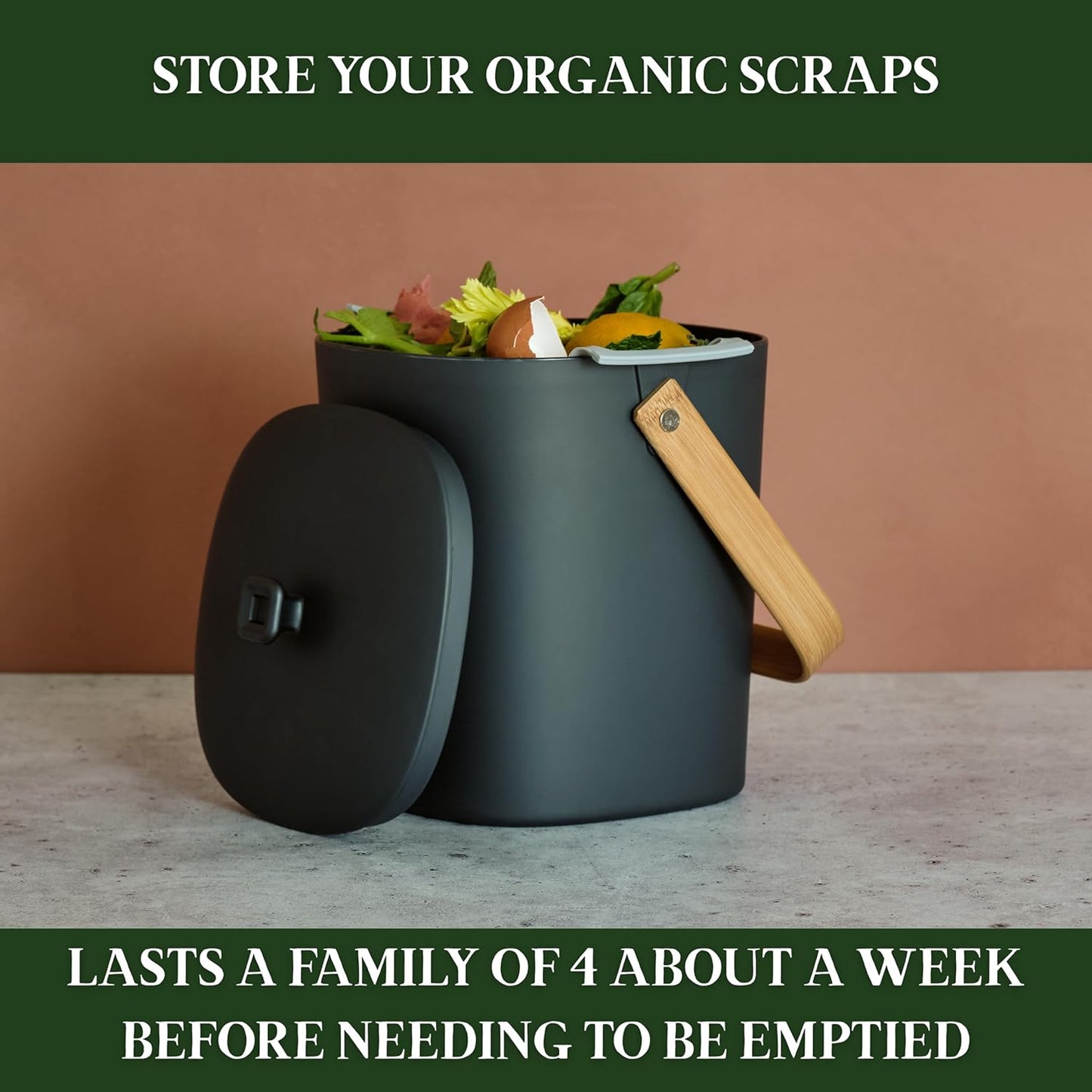 Bamboozle Countertop Compost Bin Kitchen | 1 Gallon | Odorless Composting Bin with Filters | Indoor Compost Bin with Lid | Plant Based Kitchen Composter for Food Scraps & Waste Recycling | Graphite