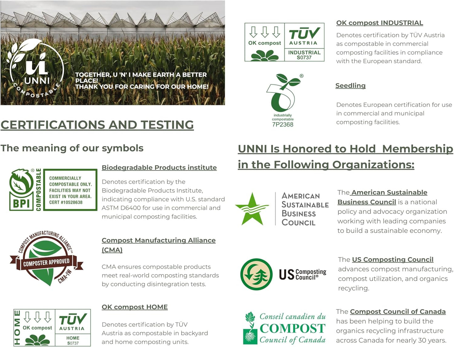 UNNI Compostable Trash Bags, 2.6 Gallon / 9.84 Liter, 200 Count, Extra Thick 0.71 Mil Small Kitchen Food Scrap Bin Liners, Certified by BPI, CMA & OK compost HOME, Meets the ASTM D6400 Standard