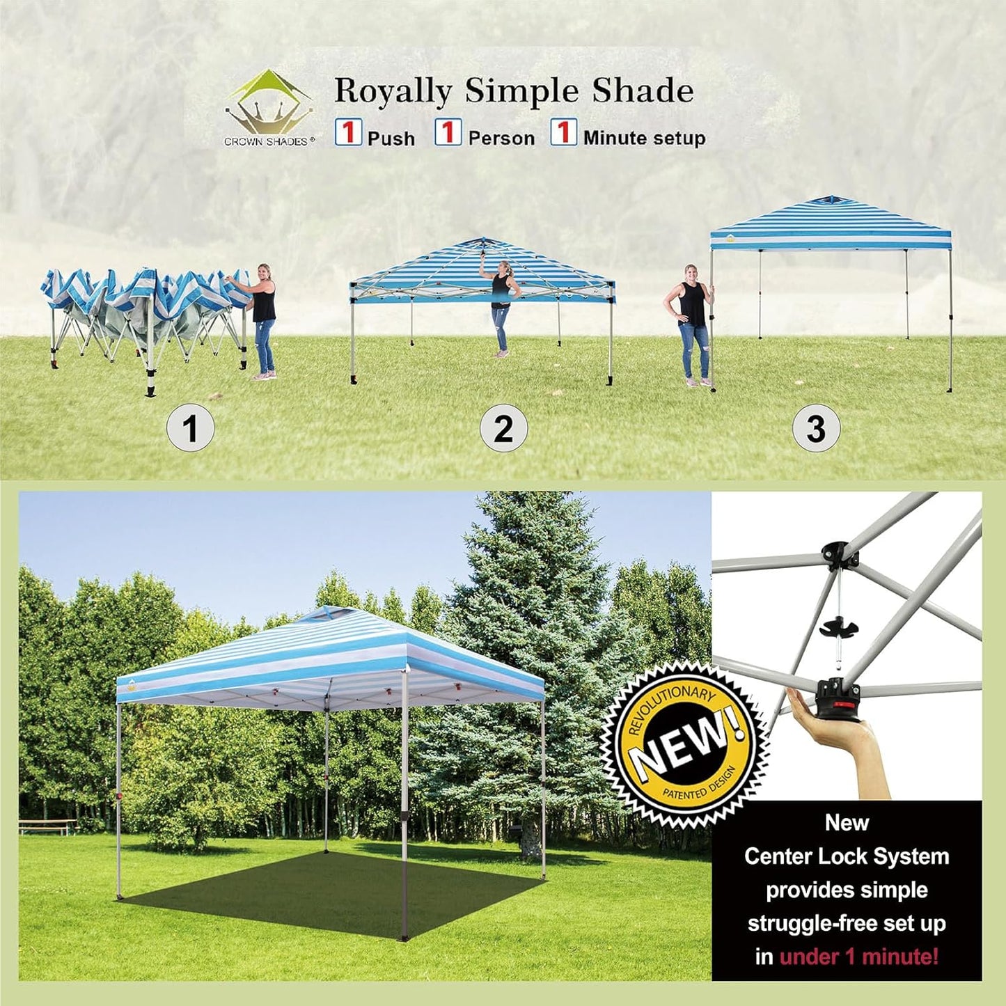 Crown Shades 10x10 Pop Up Canopy - Beach Tent with One Push Setup - Outdoor Sun Shade for Events, Parties, Camping - STO-N-Go Cover Bag, Silver Coated Top, 3 Height& 4 Sand Bags, Sky Blue Stripes