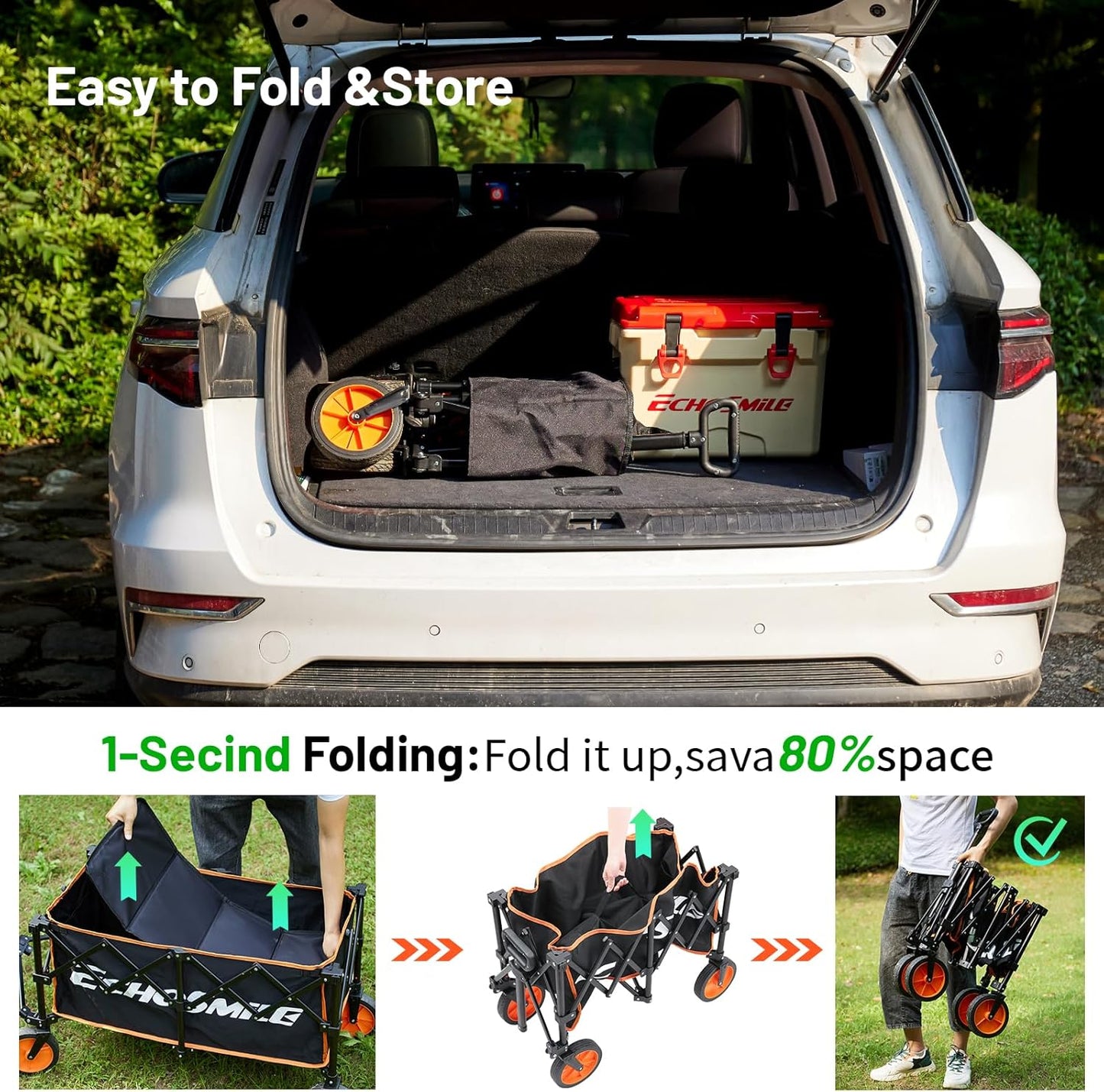 Collapsible Foldable Wagon with 300lbs Weight Cart Heavy Duty Folding Beach Wagon Cart with Wheels and Adjustable Handle for Camping Garden Sports Outdoor Activities Shopping,Black and Orange