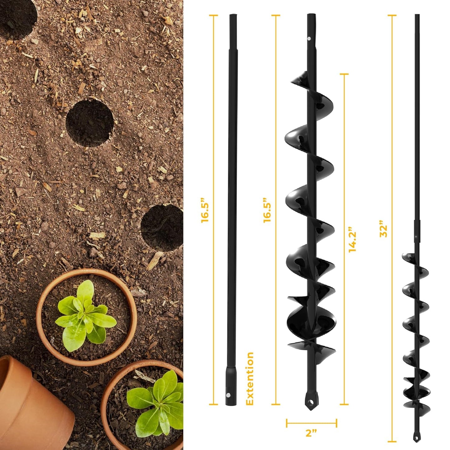 Auger Drill Bit for Planting 2x32'' - with Extension - Spiral Hole Planter for Bulbs, Fence Posts, and Umbrella Holes - 3/8'' Hex Drive Drill- Gardening Hole Digger Yard Tools