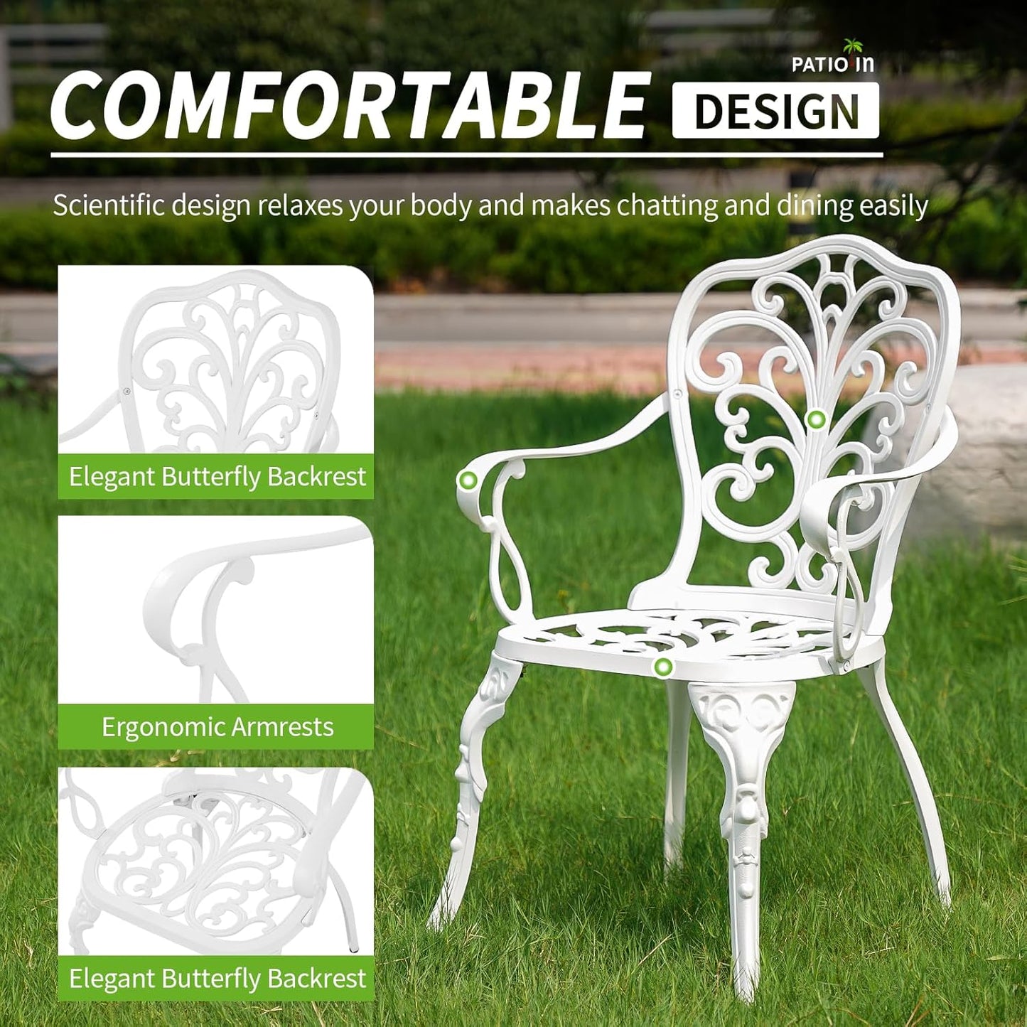 3 Piece Patio Bistro Set,Cast Aluminum Bistro Table Set Outdoor Round Dining Table with Umbrella Hole for Porch, Lawn, Garden, Backyard, Pool (White)