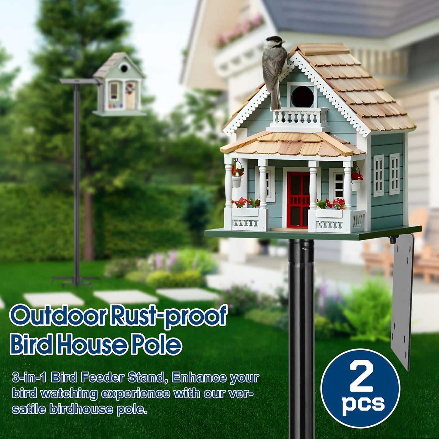 Ottsuls 2 Pack 109 Inch Heavy Duty Bird Feeder Pole Kit for Wild Birds, with 5-Prong Base Feeding Station, Adjustable Birdhouse Stand