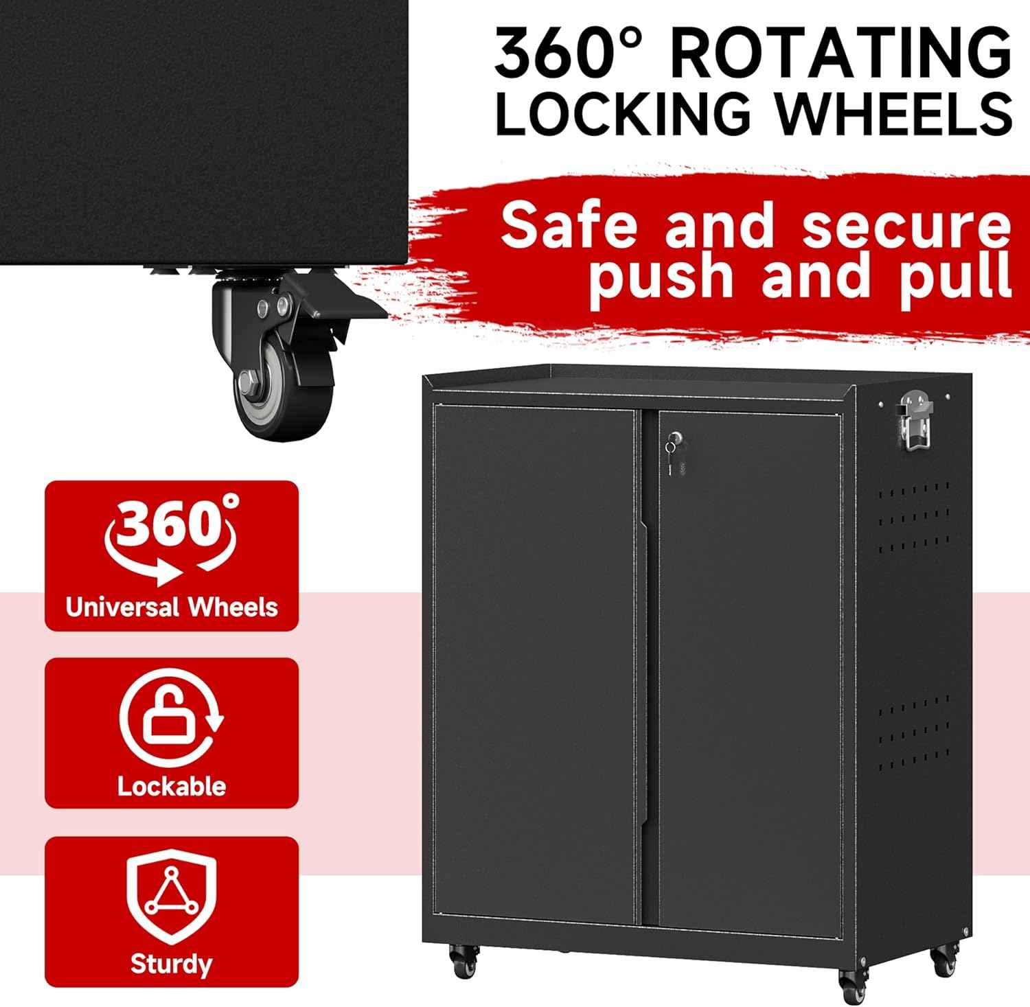 Bestoo Metal Garage Storage Cabinet with Wheels, 31.5" H Tool Locker with Pegboard and Adjustable Shelves, Rolling Storage Cabinet for Garage, Home, Office, Warehouse (Black)