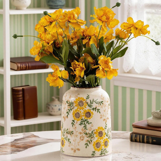 Sunflower Green and Beige Vase, Yellow Ceramic Vintage Vase Cottage Core Home Decor, Cute Floral Centerpiece Vases for Living Room, Bedroom, Kitchen, Table Grand Millennial Decors, Tuscan Decor 7.8In